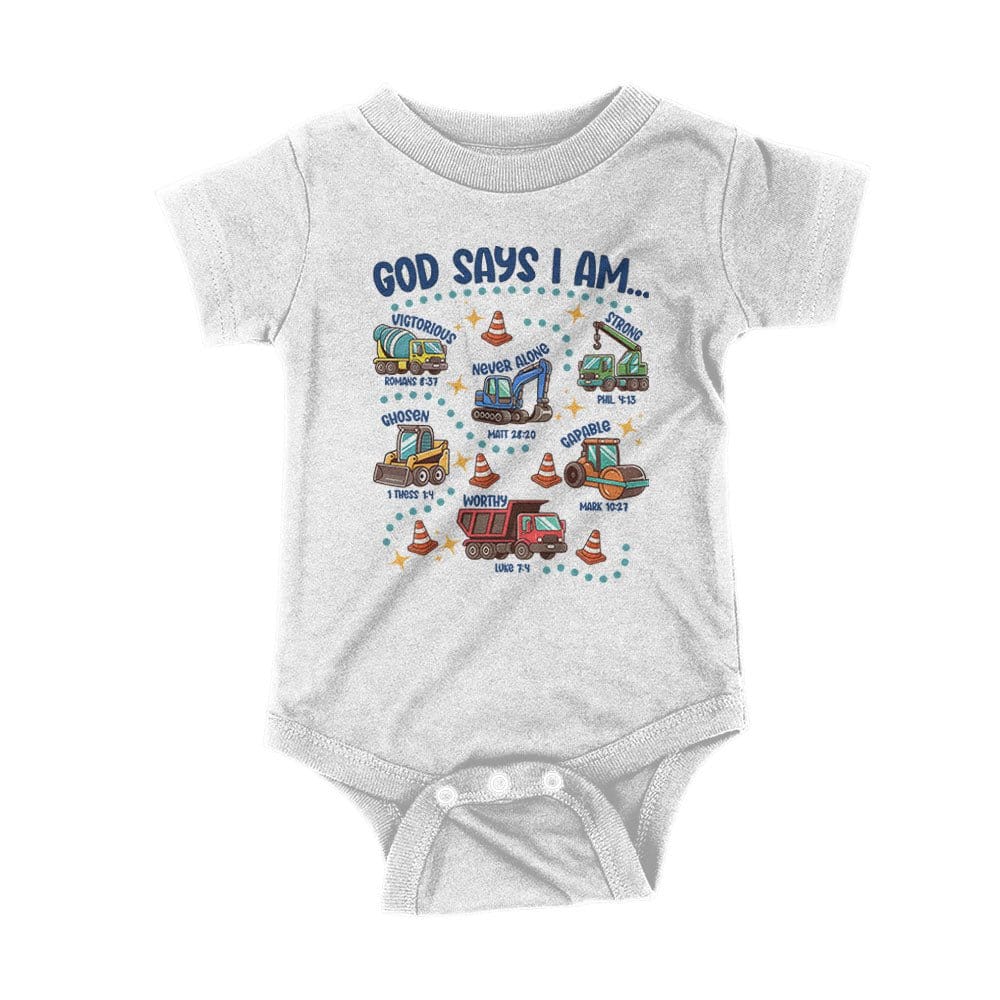 Our True God Apparel Onesie / White / NB God says I am.. Kids Shirts
