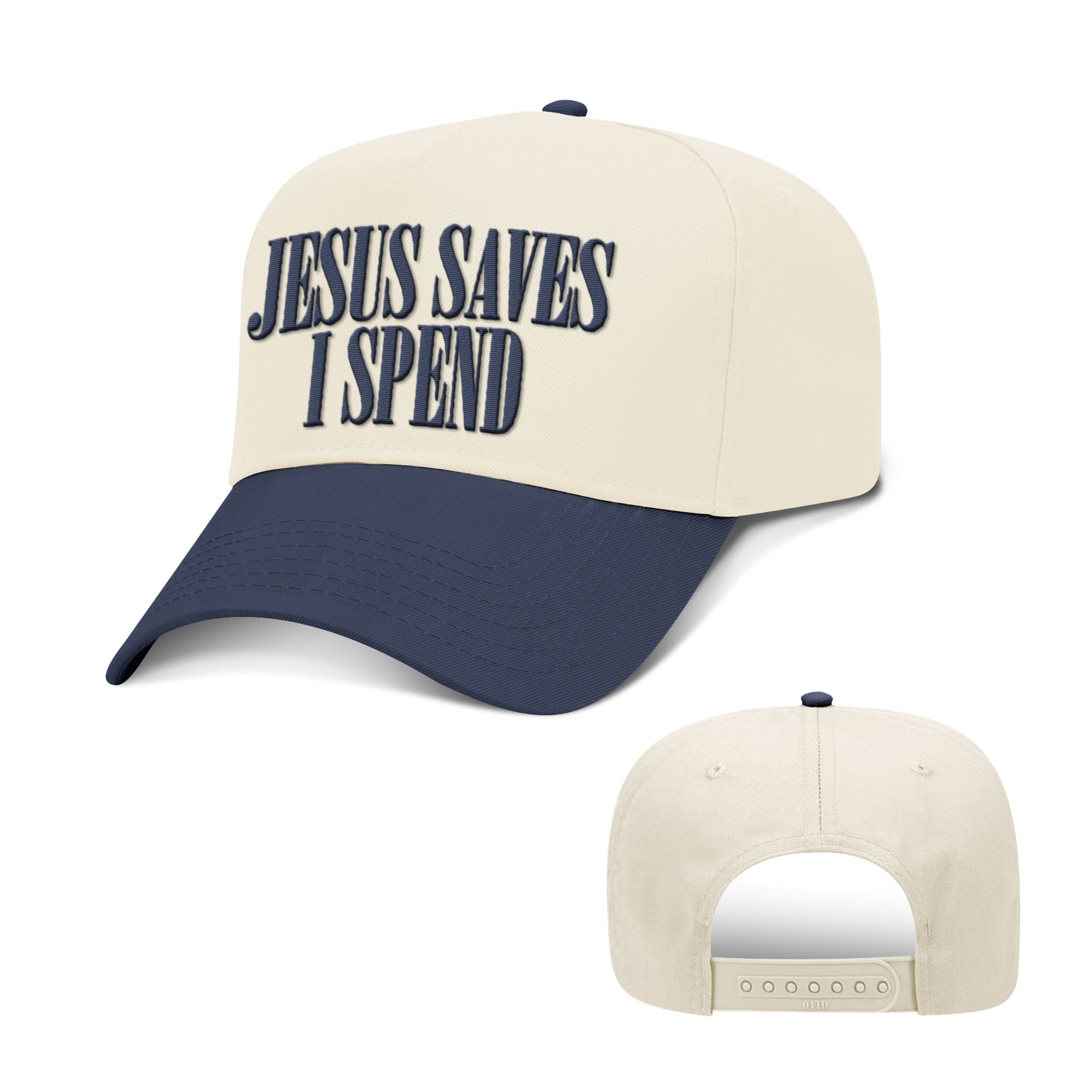 Our True God Hat Baseball / Navy and Natural / One Size Jesus Saves I Spend Two Tone Hats