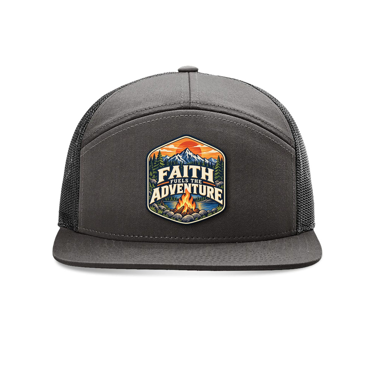 Our True God Hat Charcoal and Black Faith Fuels the Adventure Trucker Hat