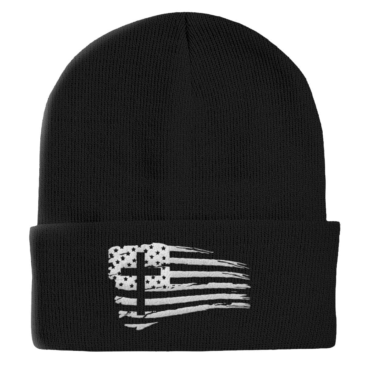 Our True God Hat Cuffed Beanies / Black / One Size Tattered Flag Cross Beanies