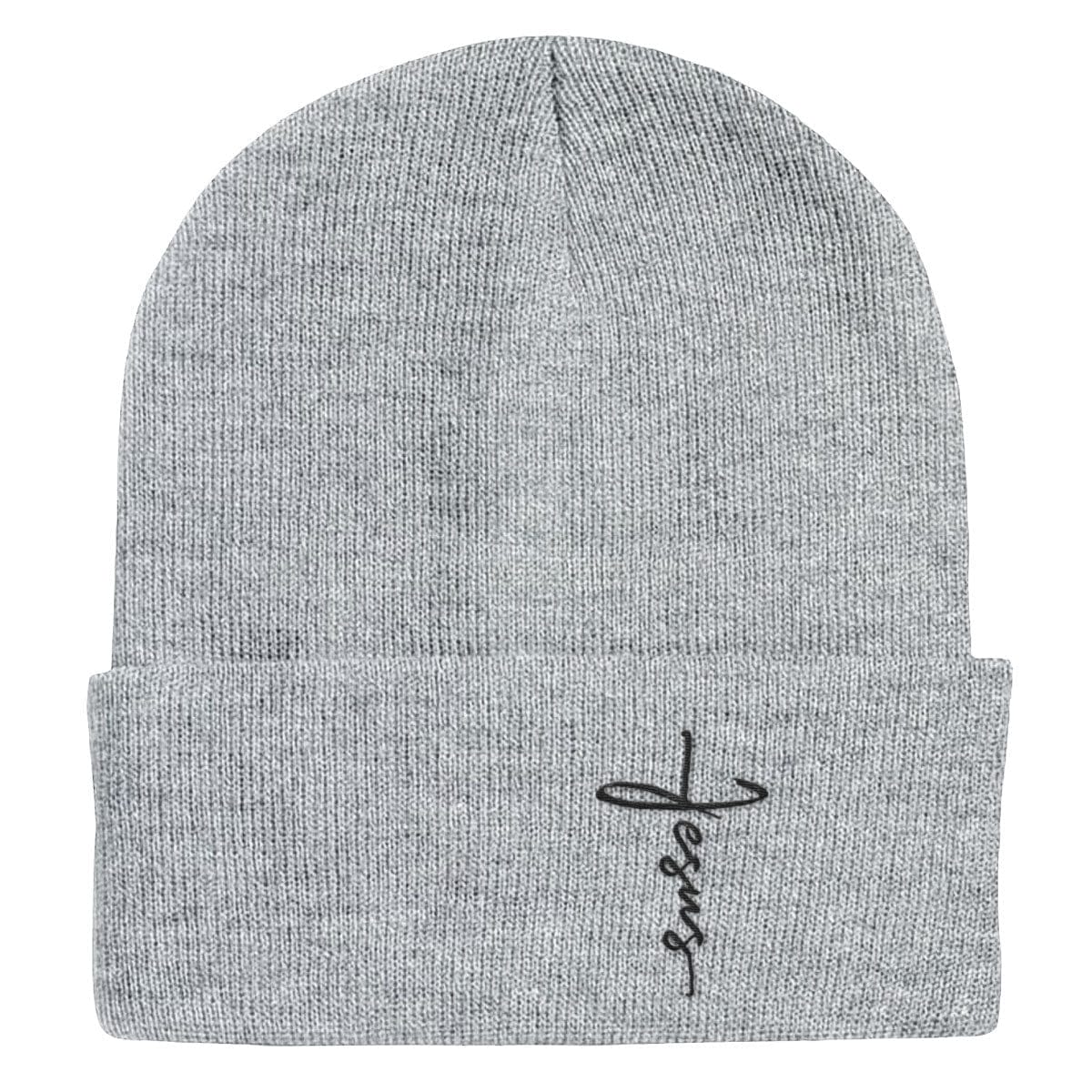 Our True God Hat Cuffed Beanies / Grey / One Size Jesus Cross Lower Left Beanies