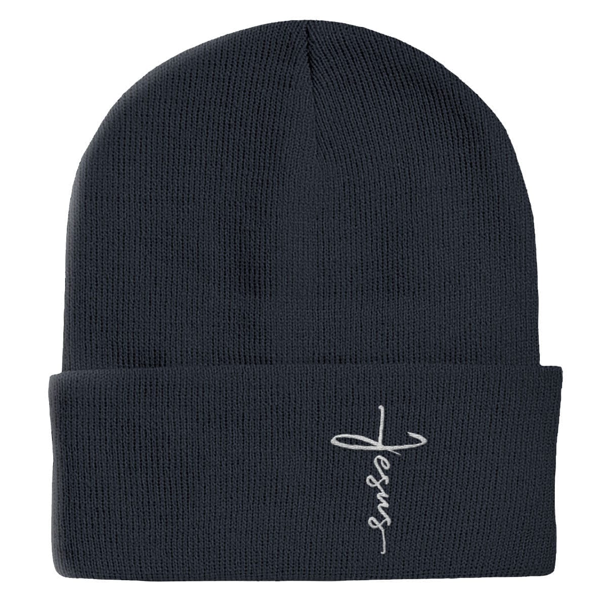 Our True God Hat Cuffed Beanies / Navy / One Size Jesus Cross Lower Left Beanies