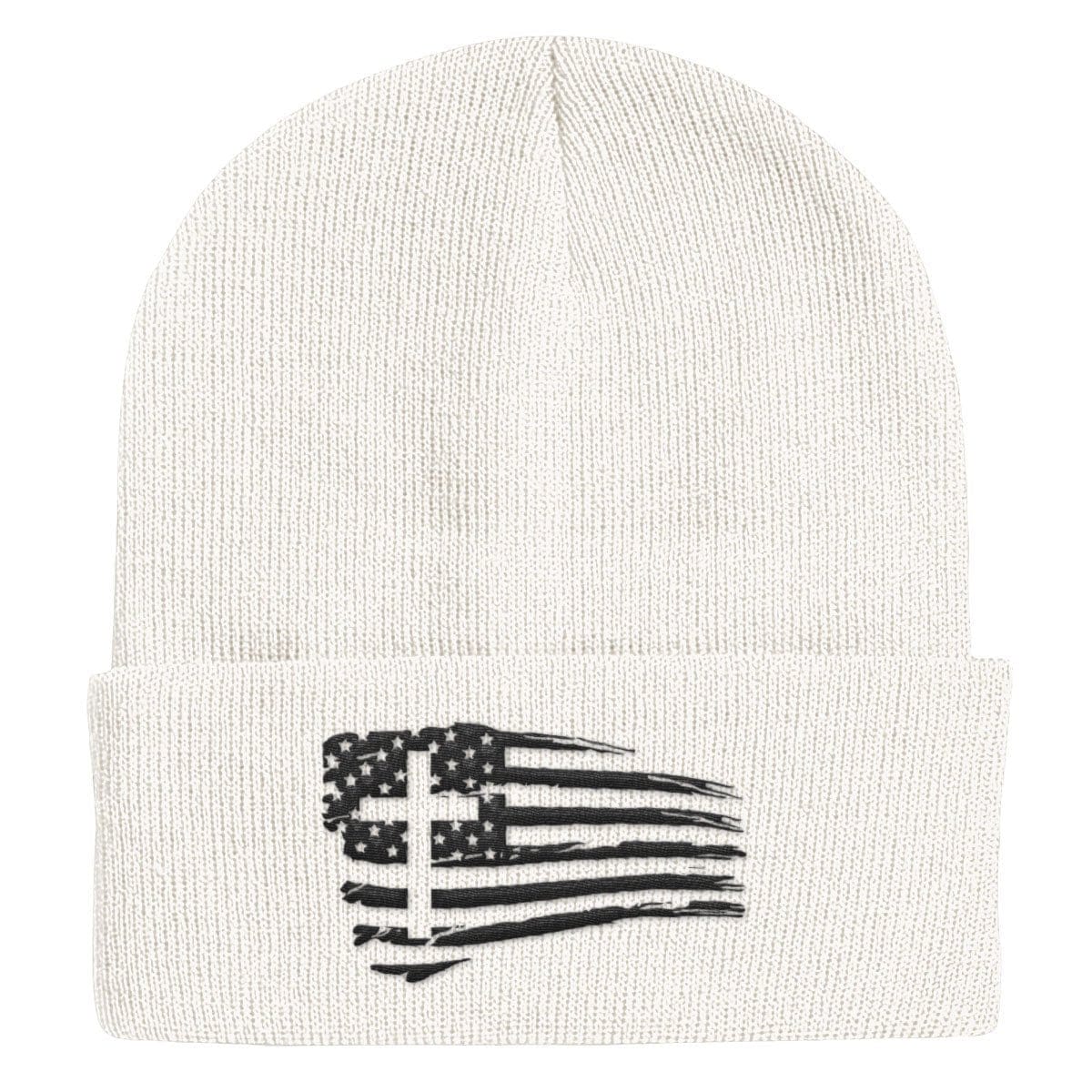 Our True God Hat Cuffed Beanies / White / One Size Tattered Flag Cross Beanies