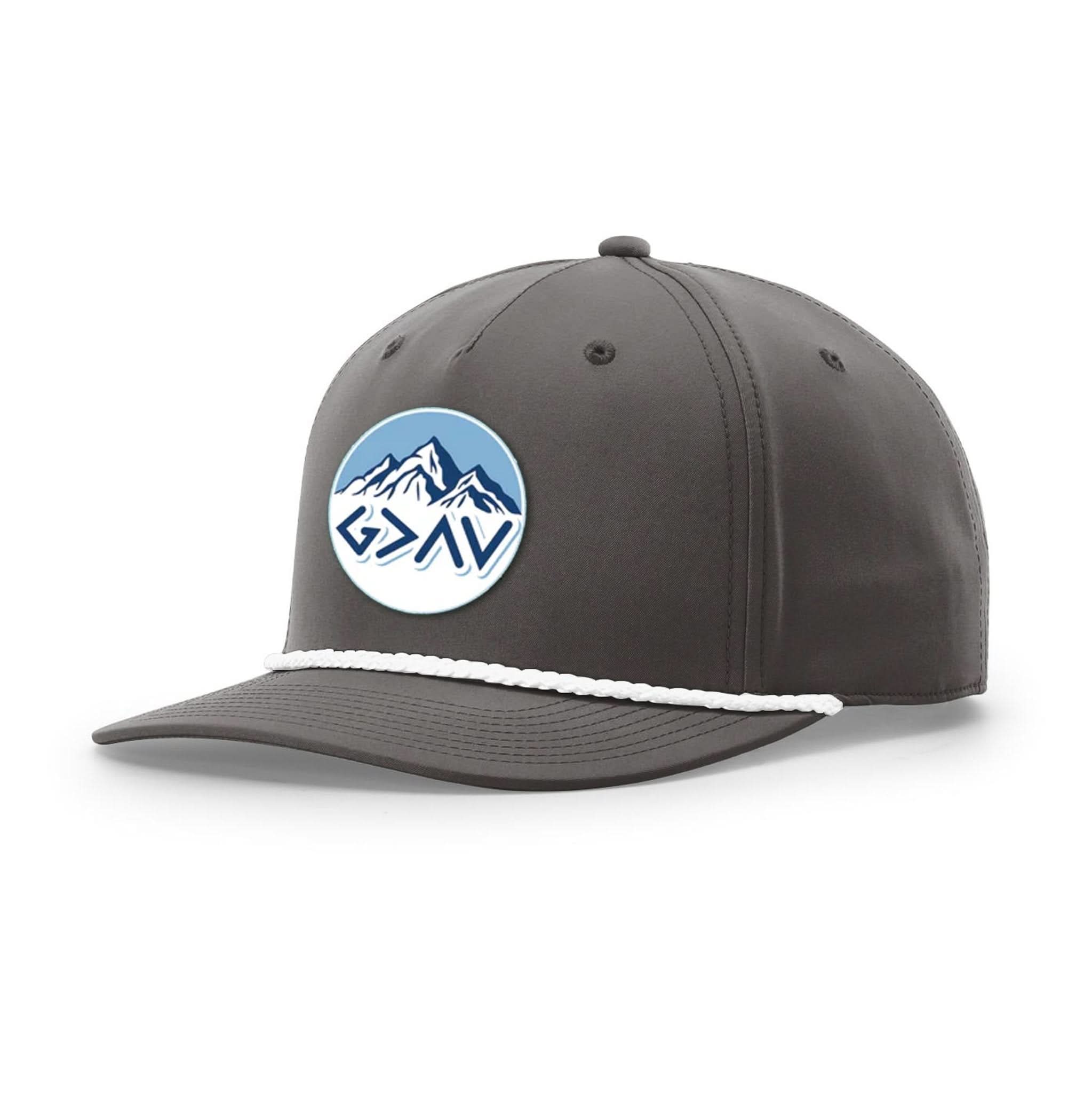 Our True God Hat Five Panel Classic / Dark Grey and White / One Size God Is Greater Than The Highs And Lows Mountain Circle Patch Rope Hats