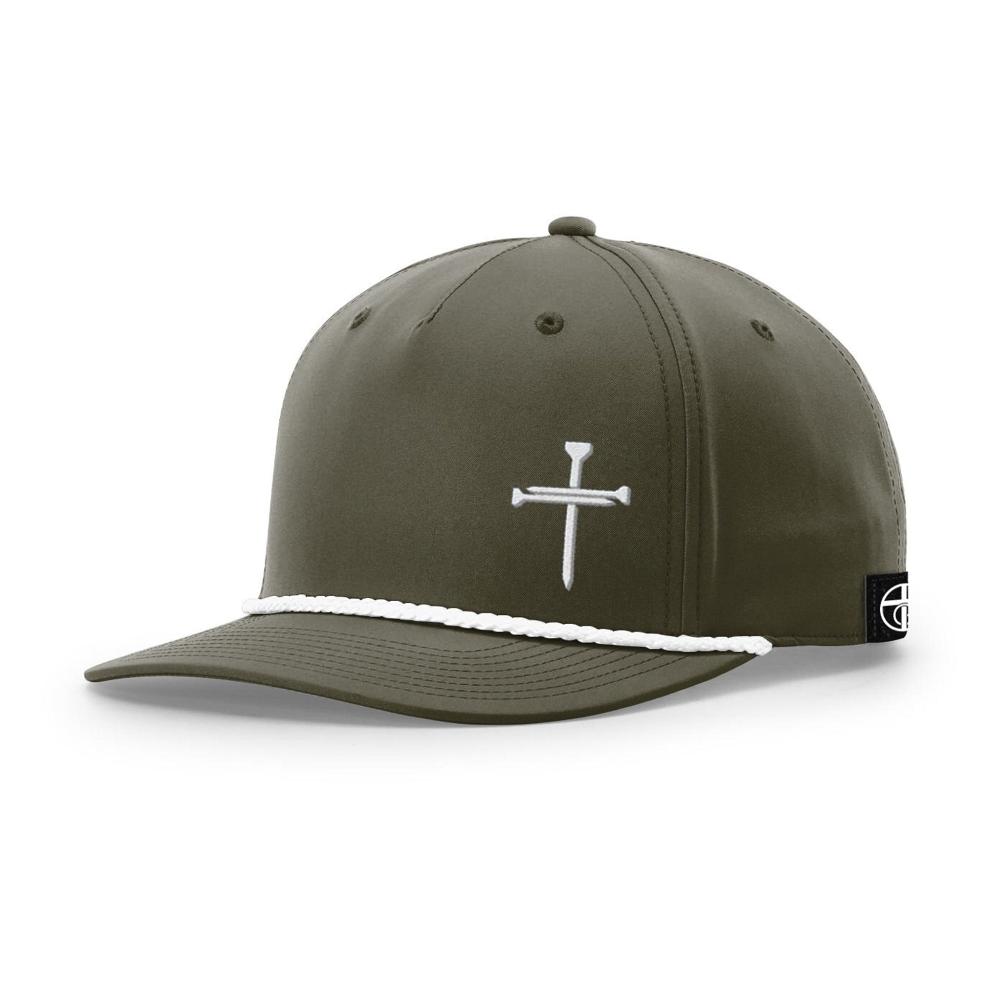 Our True God Hat Five Panel Classic / Dark Olive Green and White / One Size Nail Cross Lower Left Rope Hats