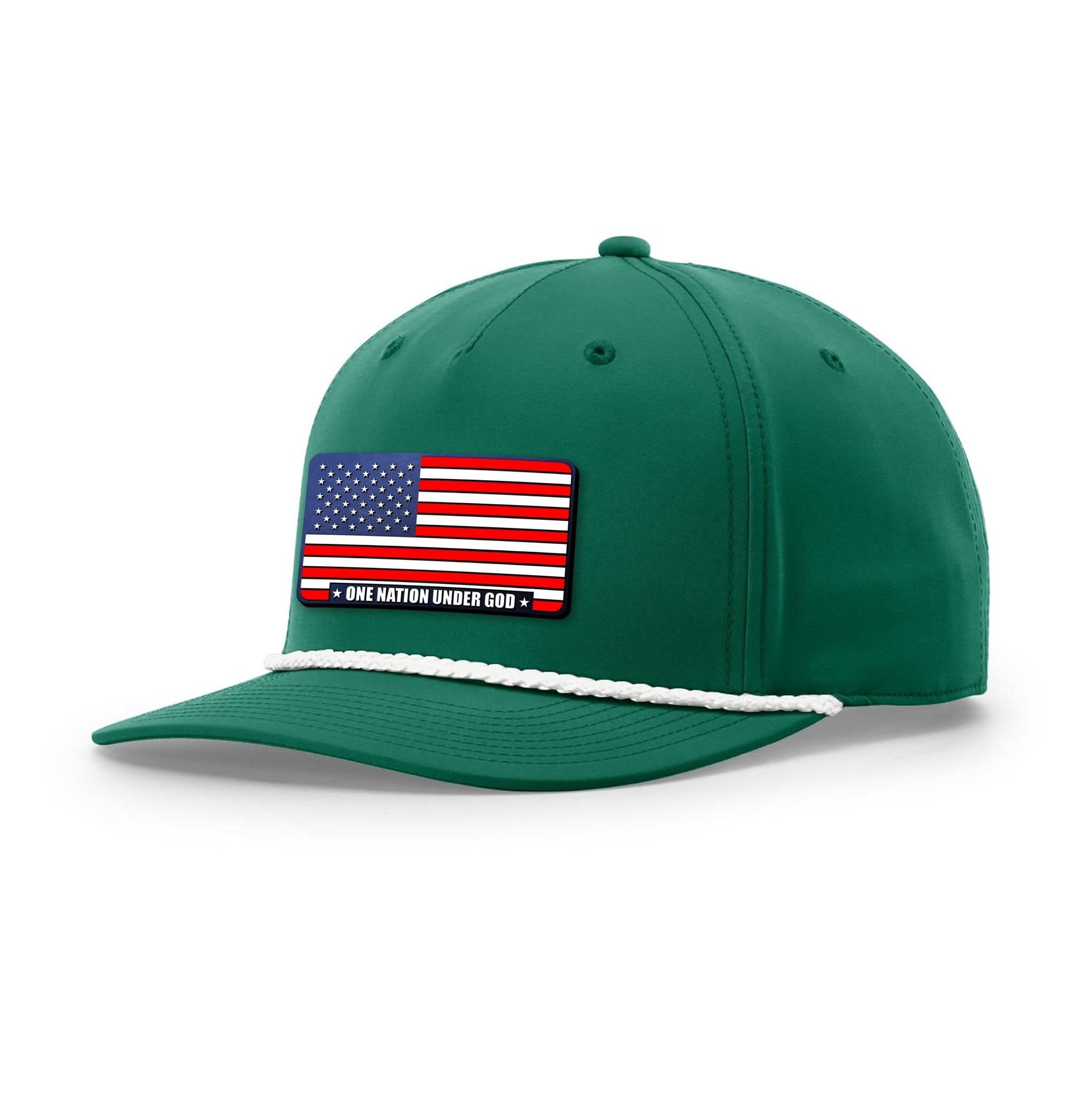 Our True God Hat Five Panel Classic / Kelly and White / One Size One Nation Under God Stars and Stripes Patch Rope Hats