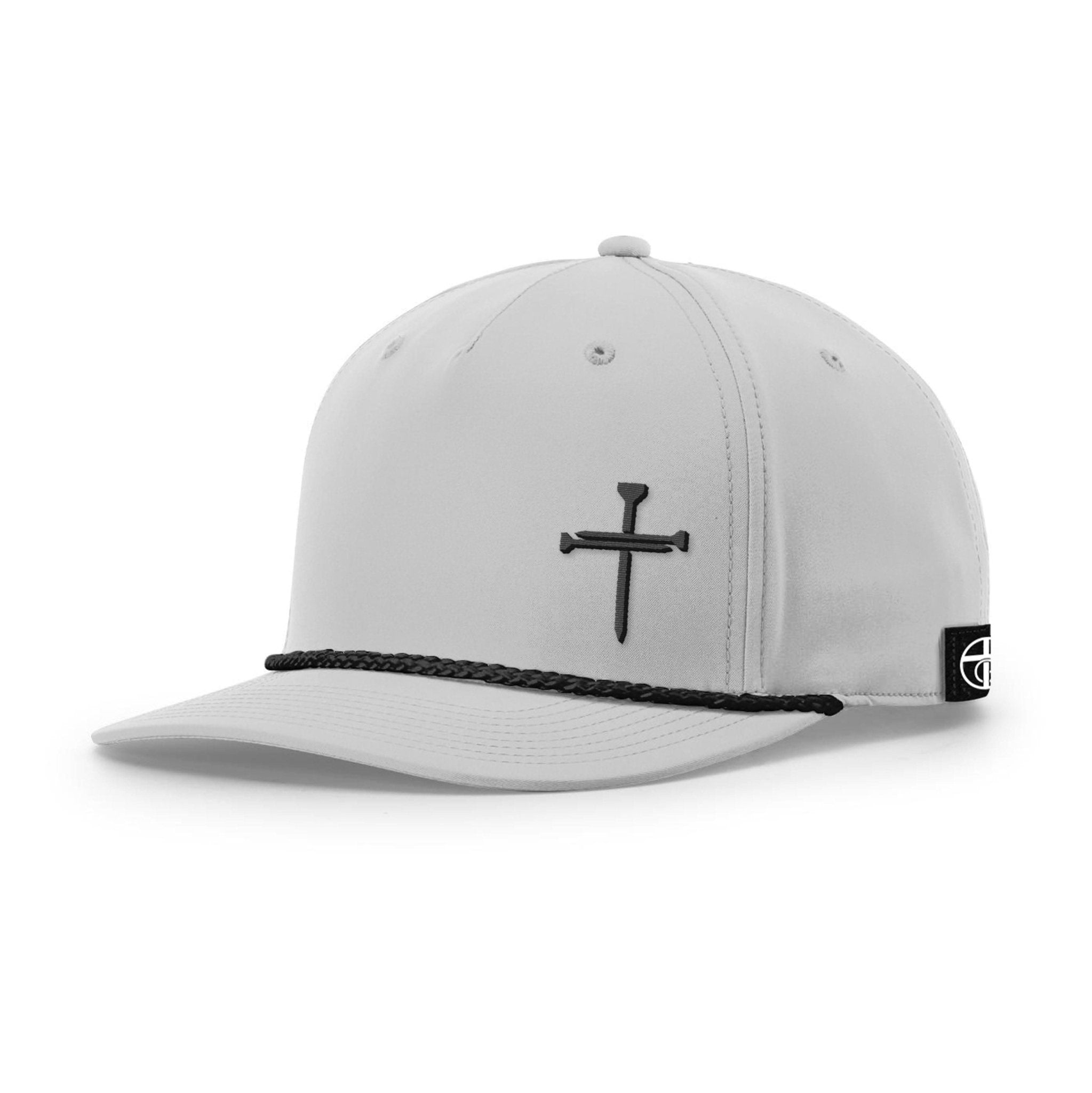 Our True God Hat Five Panel Classic / Light Grey and Black / One Size Nail Cross Lower Left Rope Hats