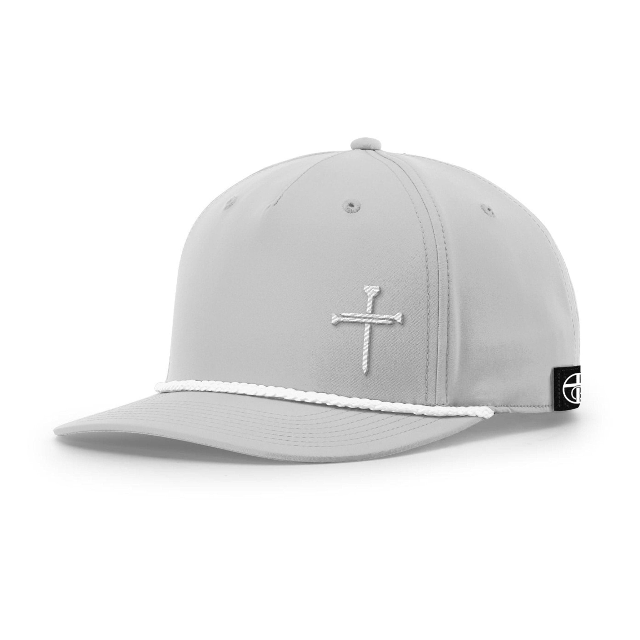 Our True God Hat Five Panel Classic / Light Grey and White / One Size Nail Cross Lower Left Rope Hats