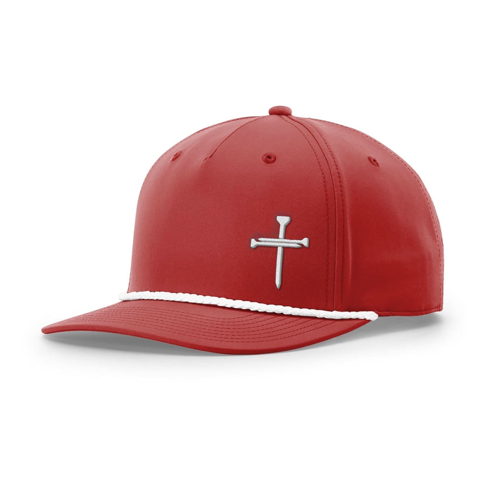 Our True God Hat Five Panel Classic / Red and White / One Size Nail Cross Lower Left Rope Hats