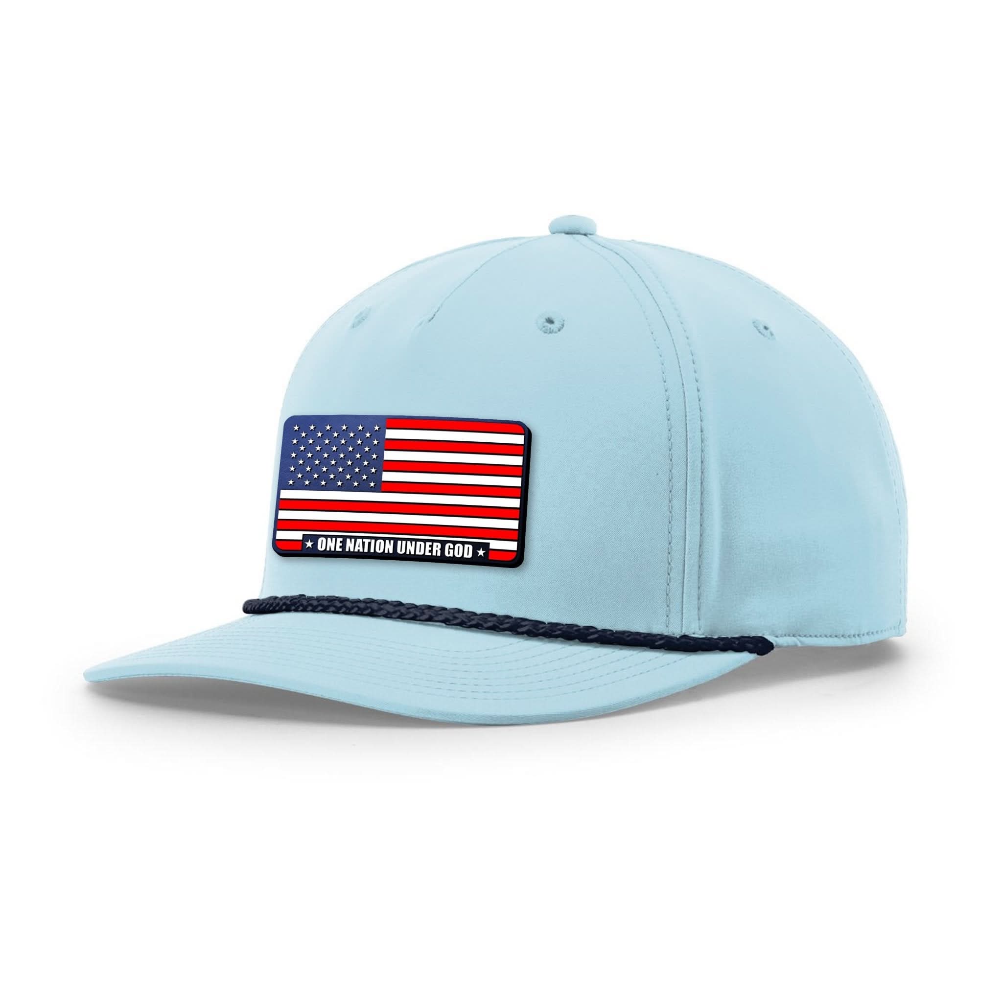 Our True God Hat Five Panel Classic / Soft Blue and Navy / One Size One Nation Under God Stars and Stripes Patch Rope Hats