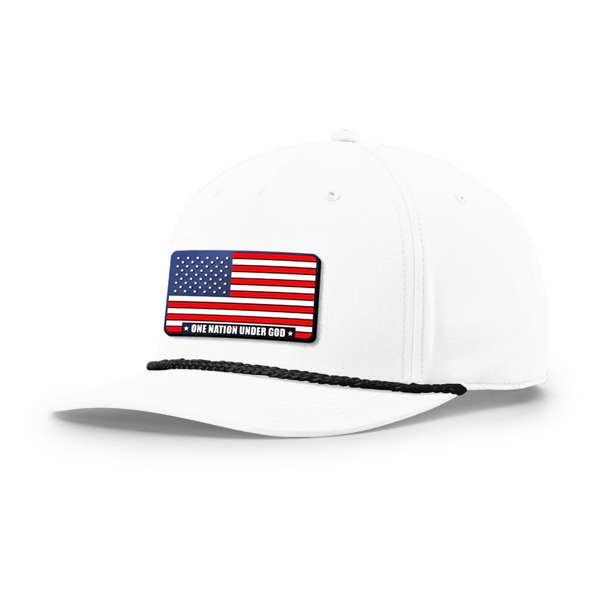 Our True God Hat Five Panel Classic / White and Black / One Size One Nation Under God Stars and Stripes Patch Rope Hats
