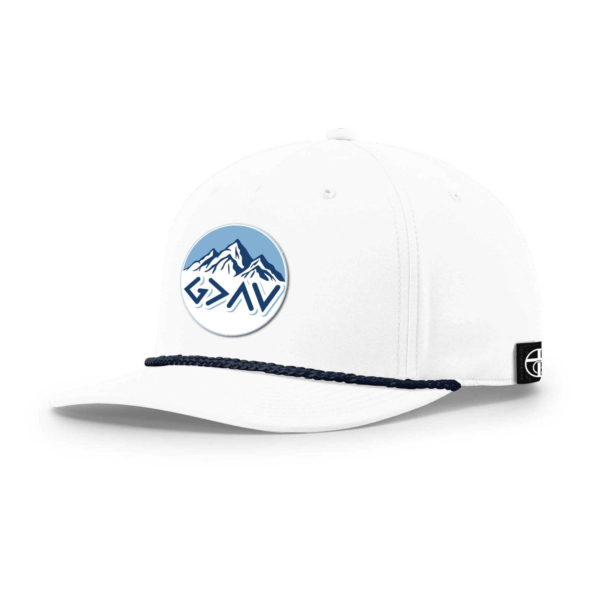 Our True God Hat Five Panel Classic / White and Navy / One Size God Is Greater Than The Highs And Lows Mountain Circle Patch Rope Hats