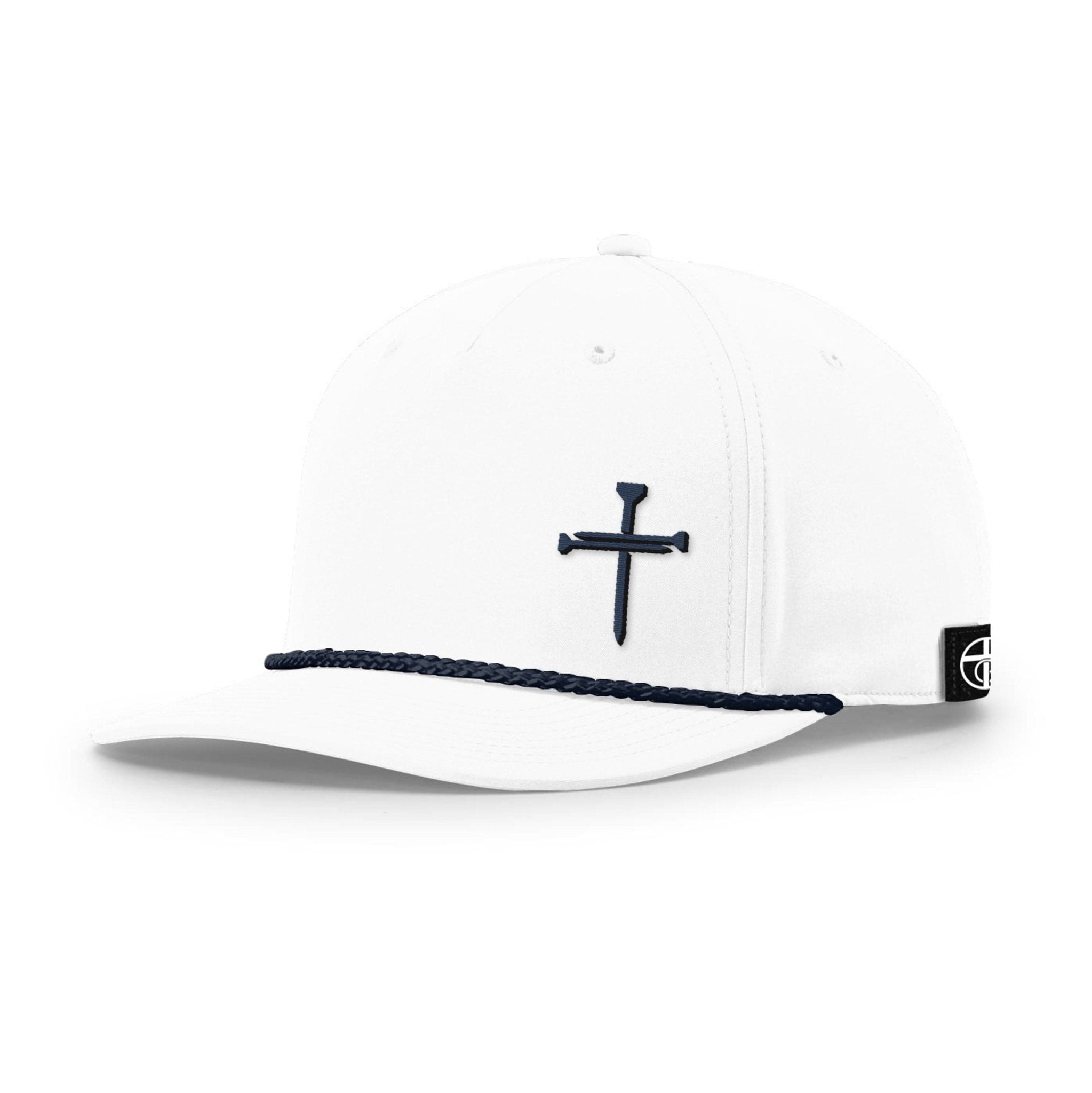Our True God Hat Five Panel Classic / White and Navy / One Size Nail Cross Lower Left Rope Hats