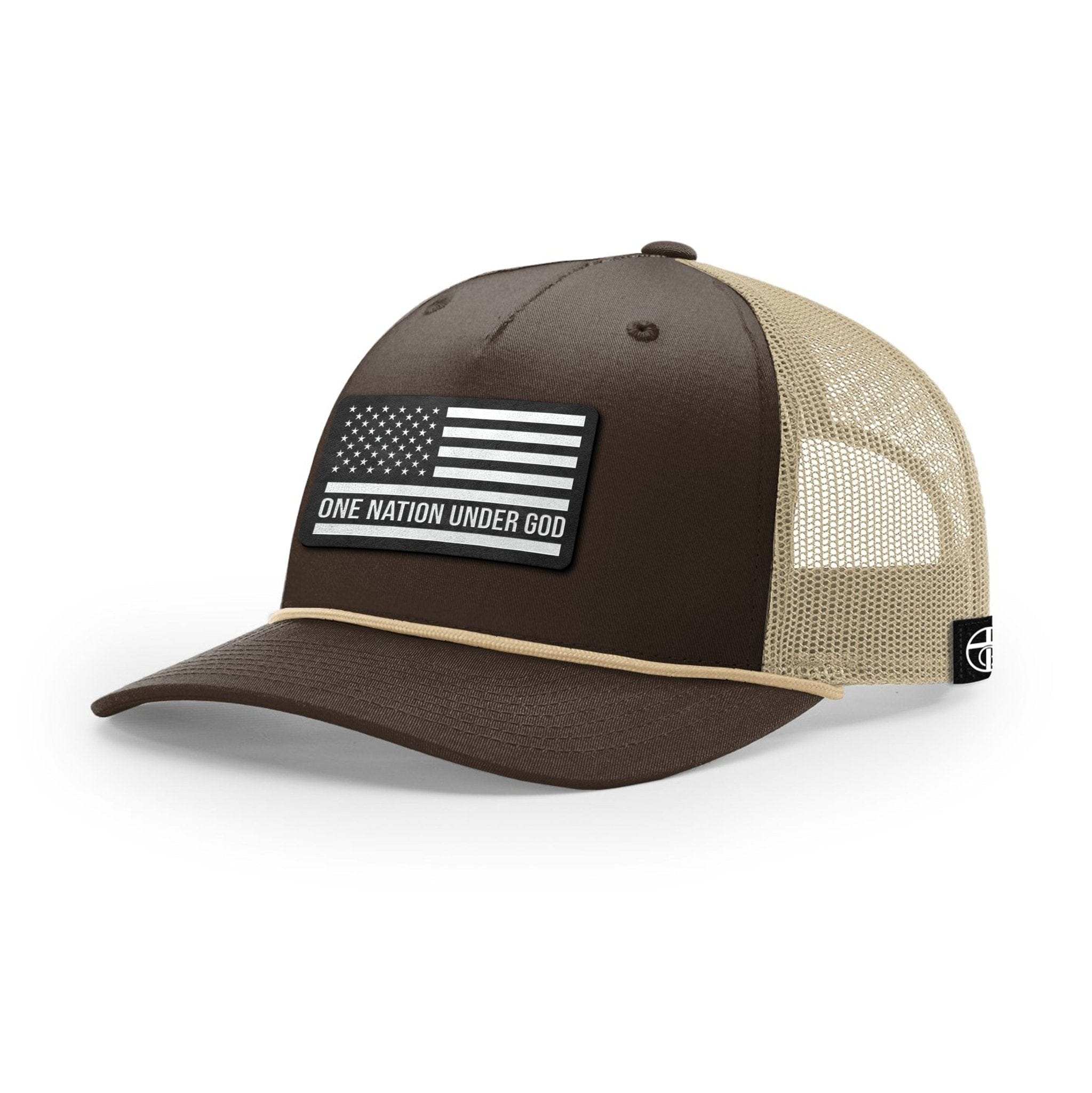 Our True God Hat Five Panel Trucker with Rope / Brown and Khaki / One Size One Nation Under God DBD Patch Rope Trucker Hats