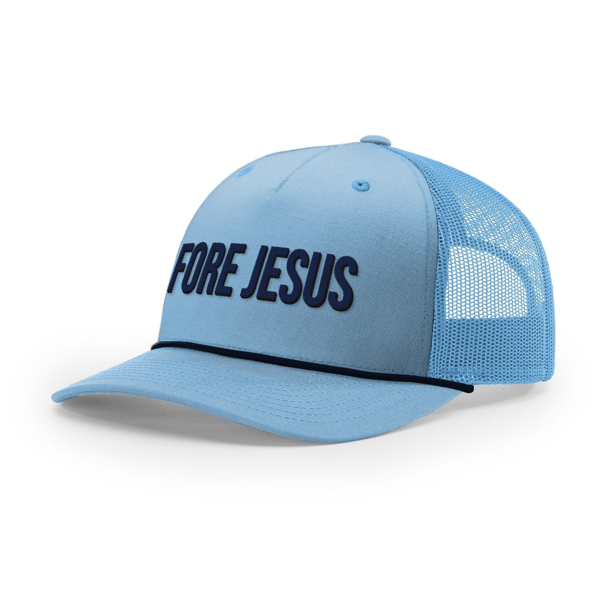 Our True God Hat Five Panel Trucker with Rope / Columbia Blue and Navy / One Size FORE JESUS Rope Trucker Hats
