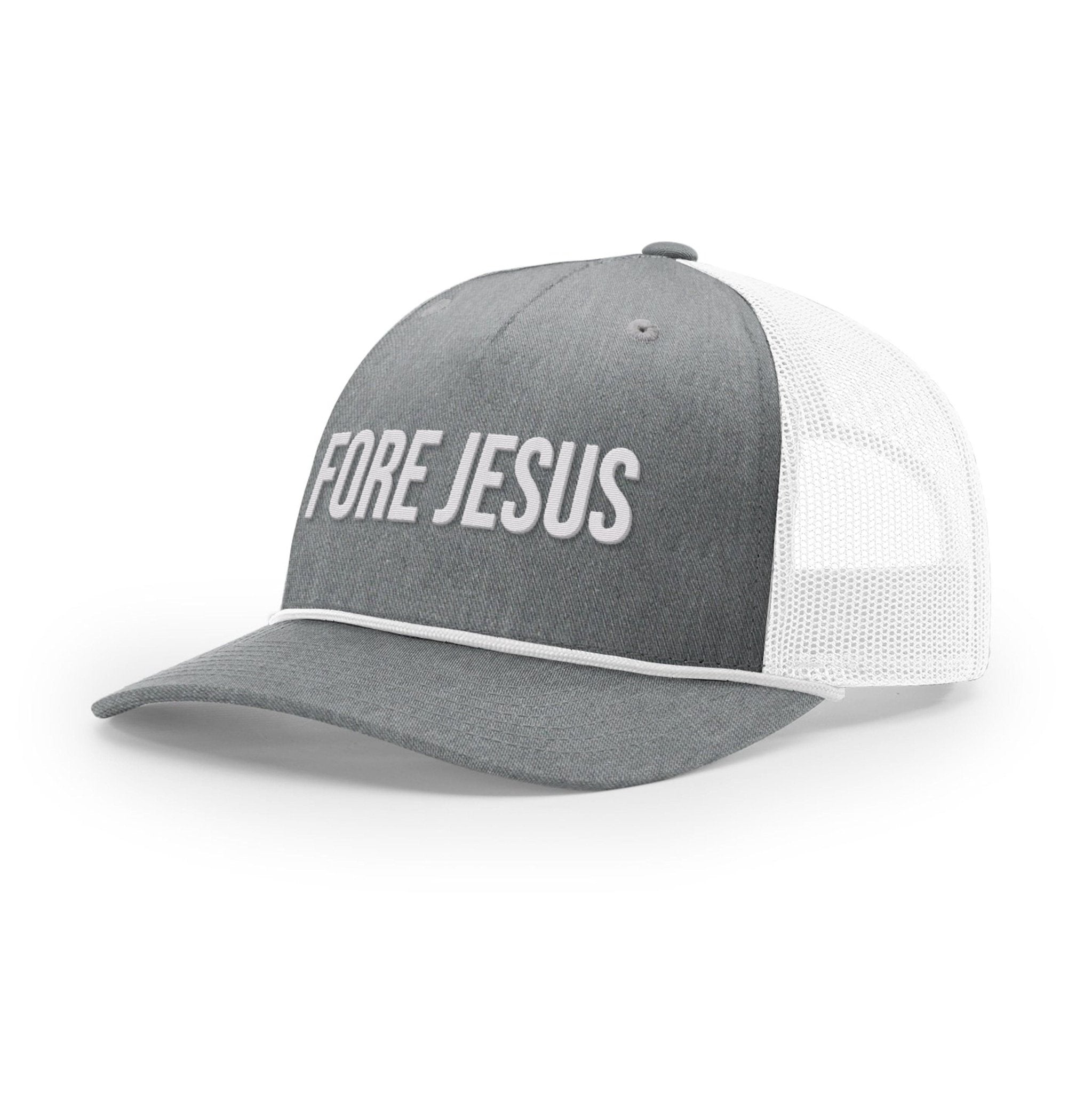 Our True God Hat Five Panel Trucker with Rope / Heather Grey and White / One Size FORE JESUS Rope Trucker Hats
