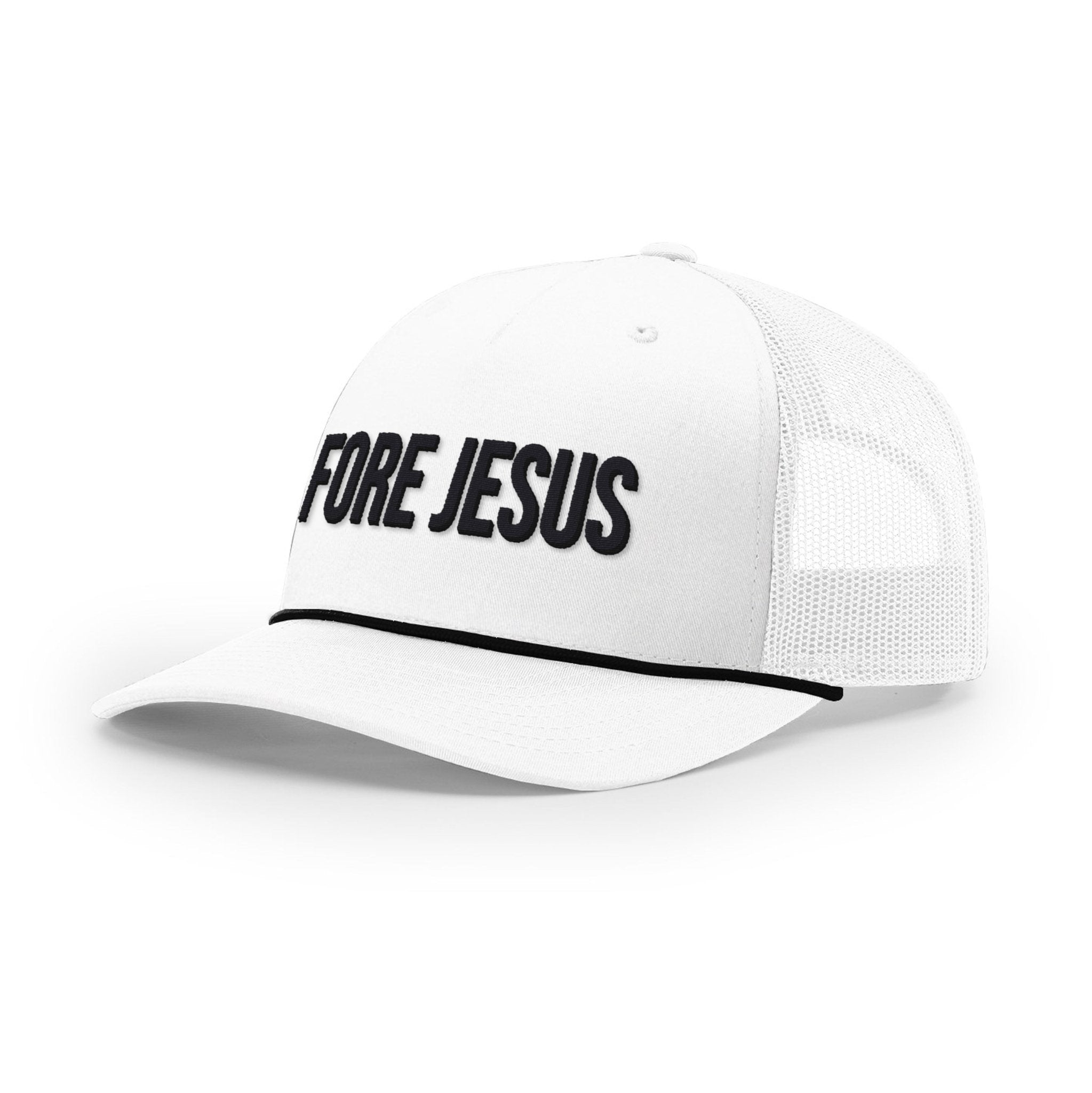 Our True God Hat Five Panel Trucker with Rope / White and Black / One Size FORE JESUS Rope Trucker Hats