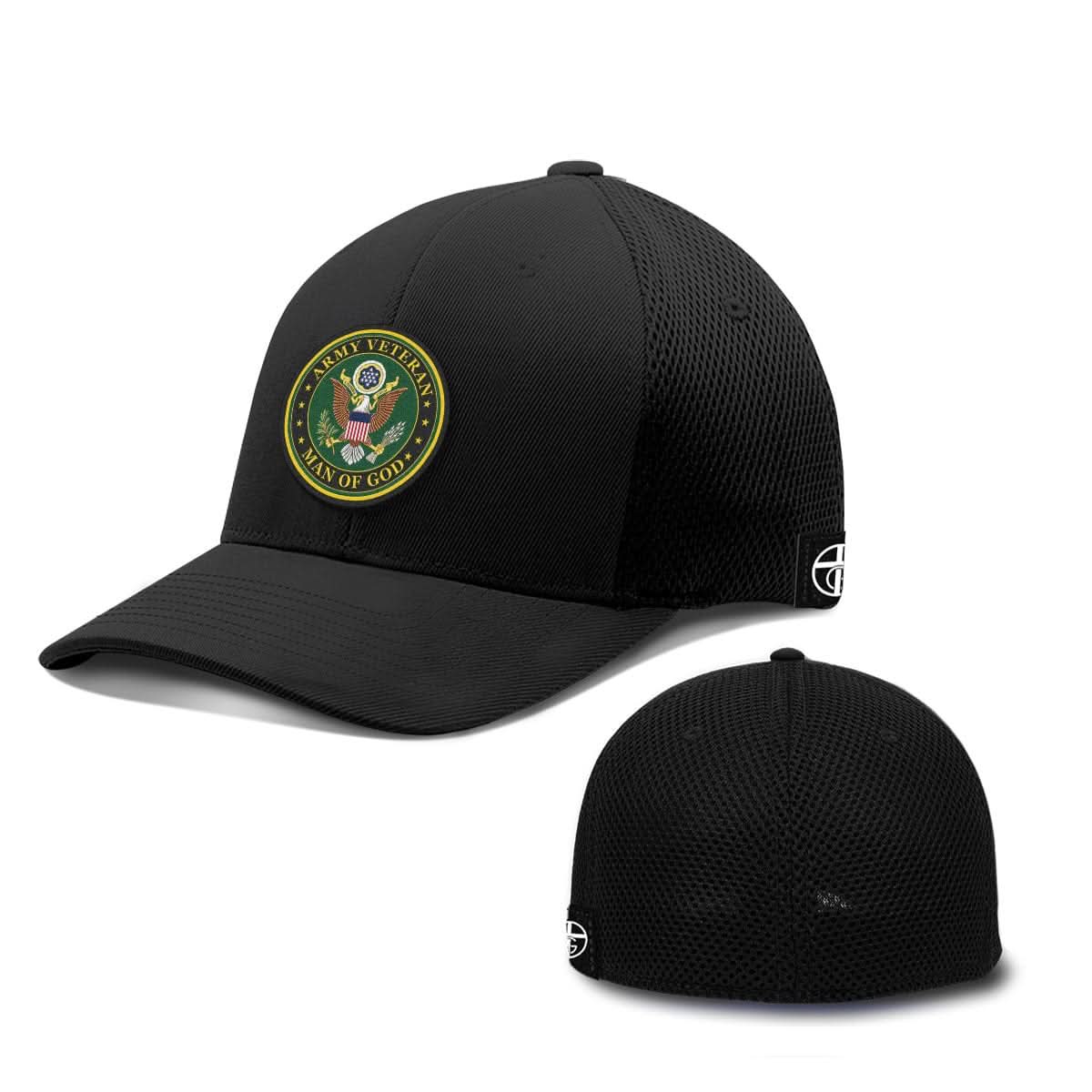 Our True God Hat Flexfit / Full Black / S/M Army Veteran -Man Of God Patch Hats