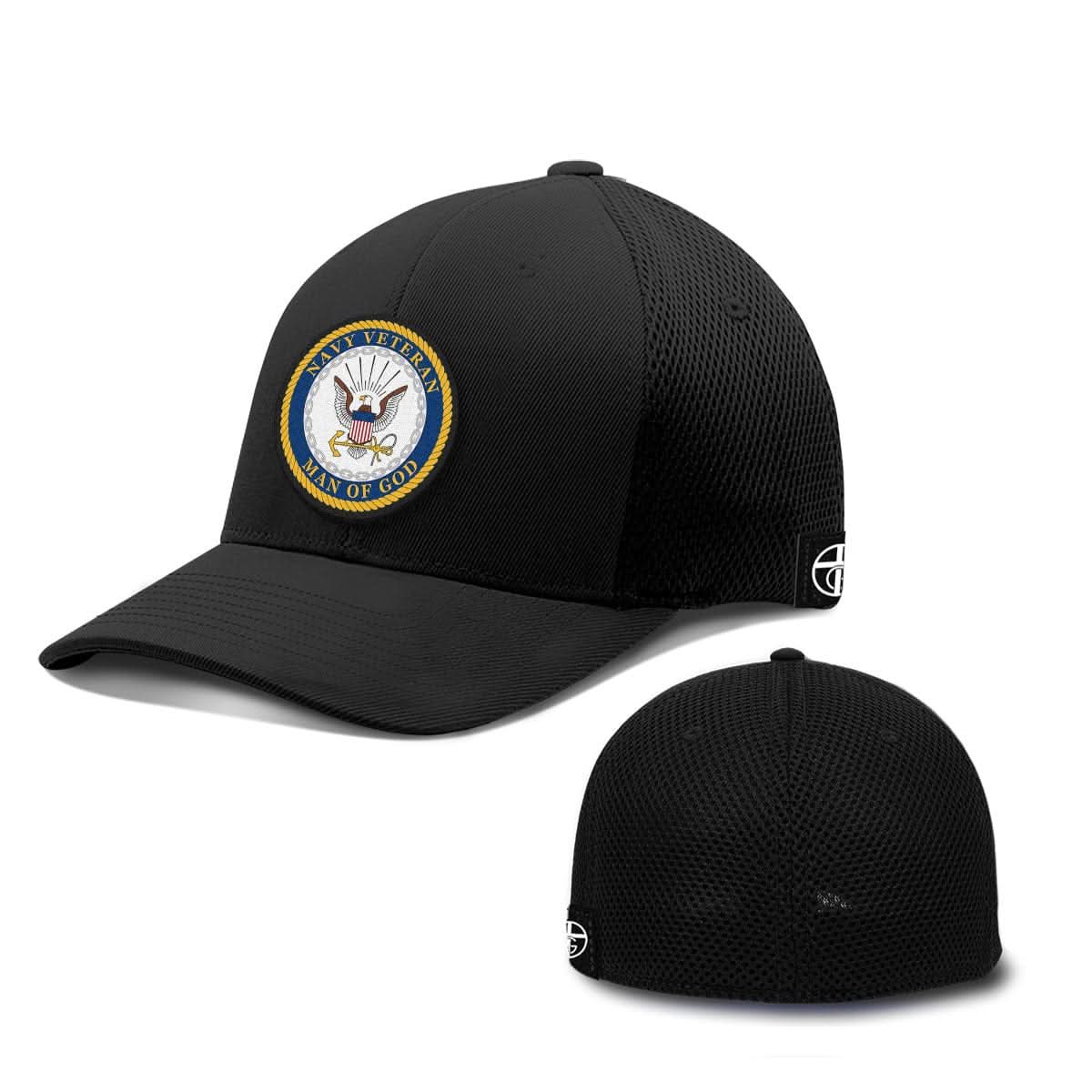 Our True God Hat Flexfit / Full Black / S/M Navy Veteran -Man Of God Patch Hats