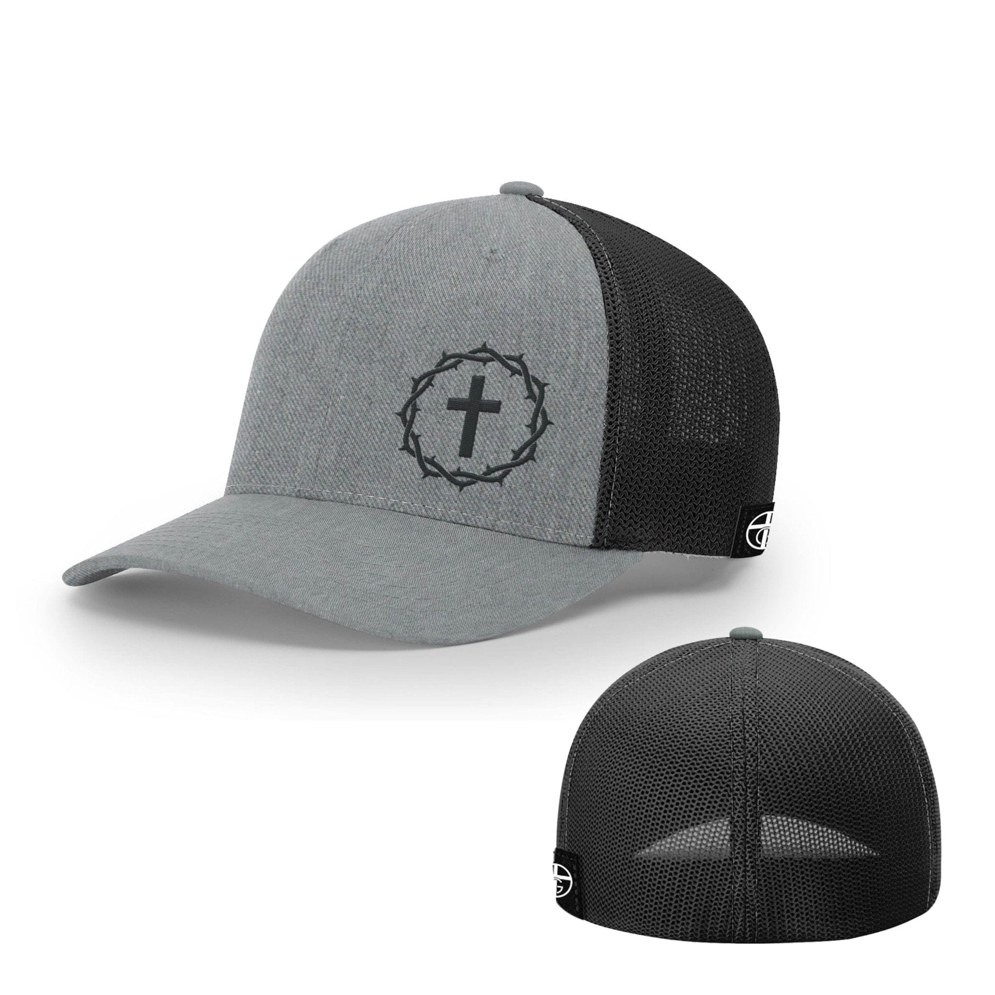 Our True God Hat Flexfit / Heather and Black / S/M Crown of Thorns Cross Lower Left Hats