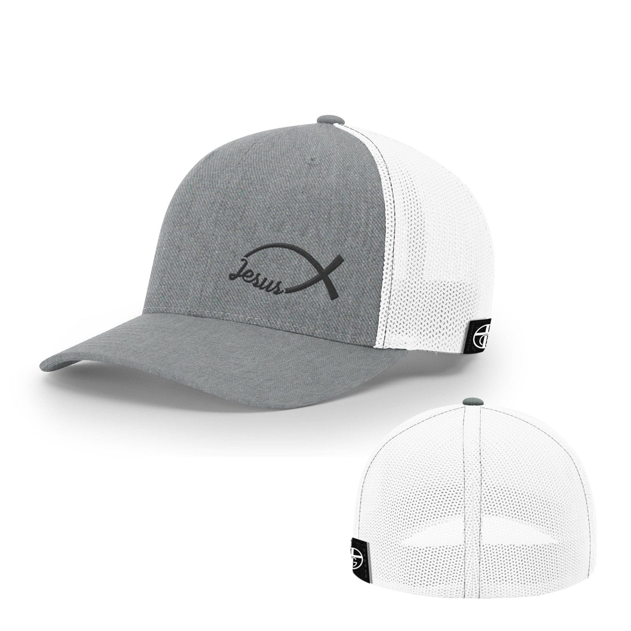 Our True God Hat Flexfit / Heather and White / S/M Jesus Fish Lower Left Hats