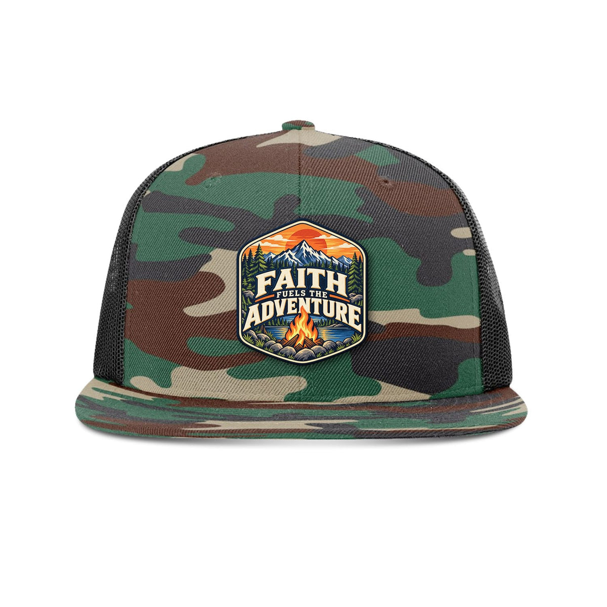 Our True God Hat Green Camo and Black Faith Fuels the Adventure Trucker Hat