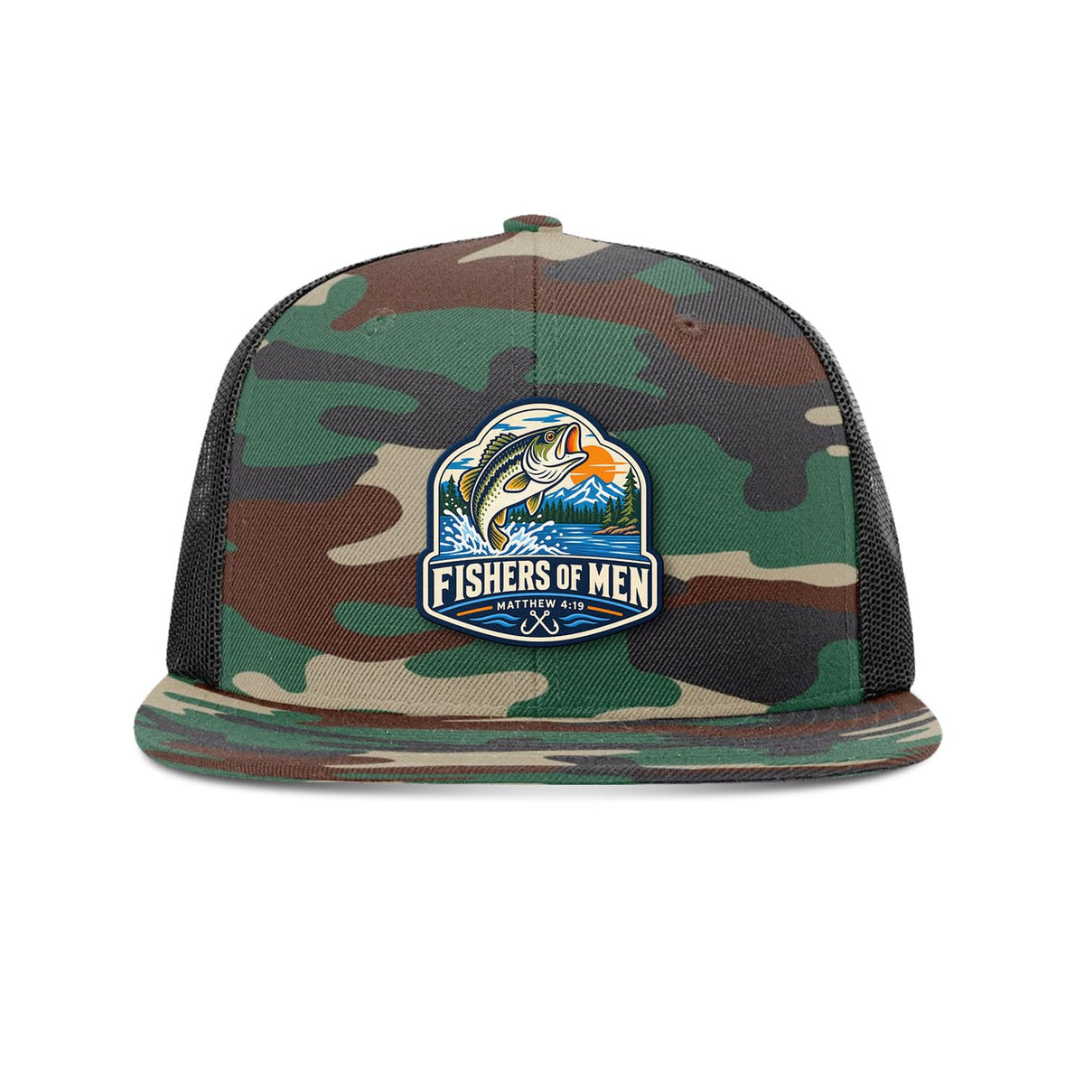 Our True God Hat Green Camo and Black Fishers of Men Trucker Hat