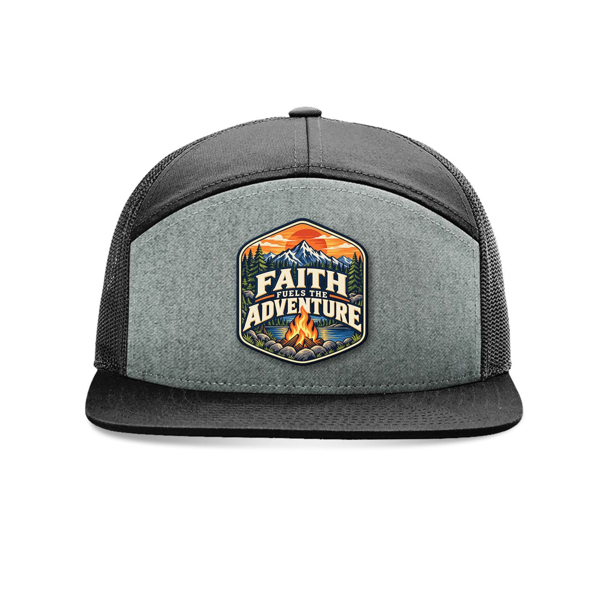 Our True God Hat Heather Grey And Black Faith Fuels the Adventure Trucker Hat