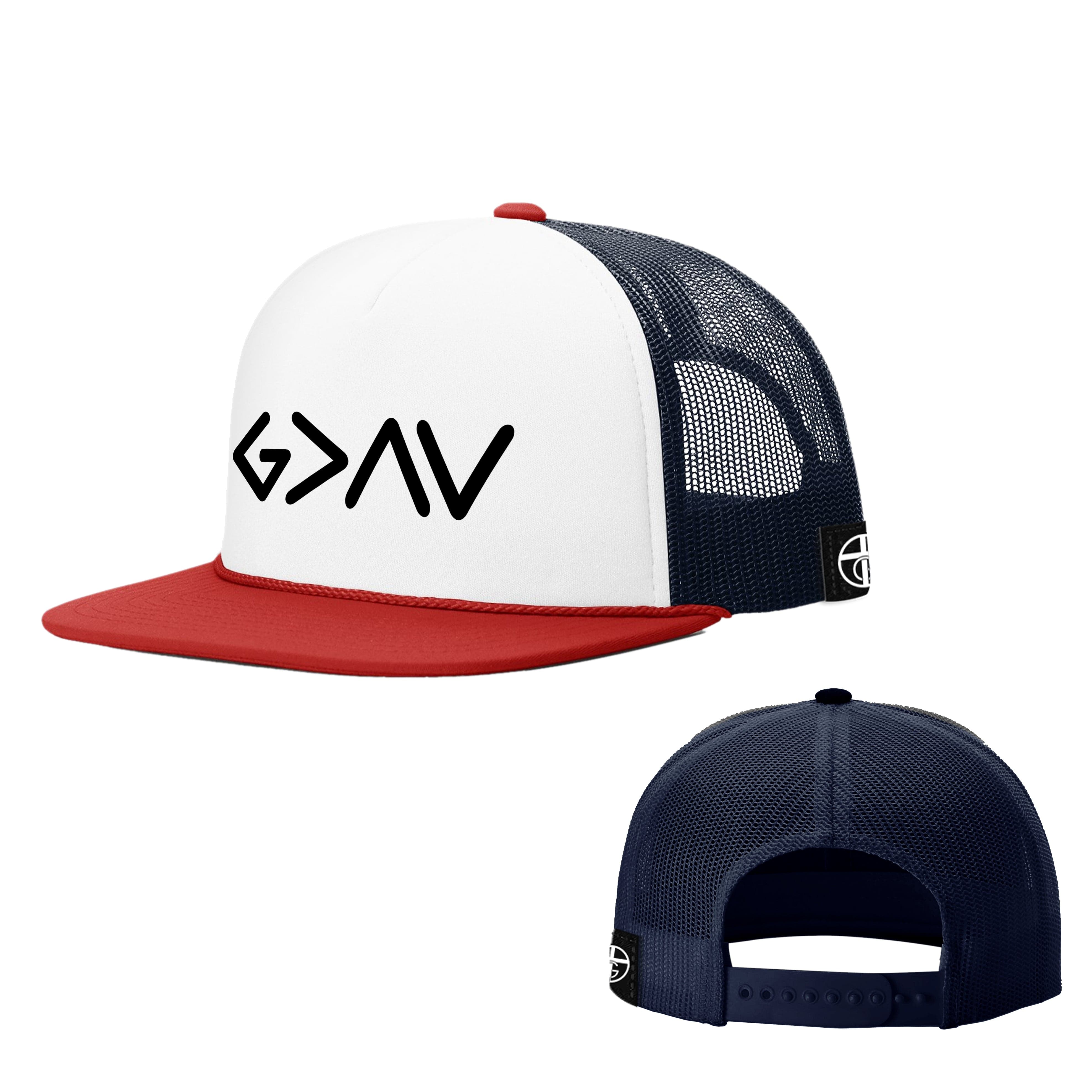 Our True God Hat Navy and Red / One Size G>ΛV - God is Greater Than the Highs and Lows Foam Trucker Hats