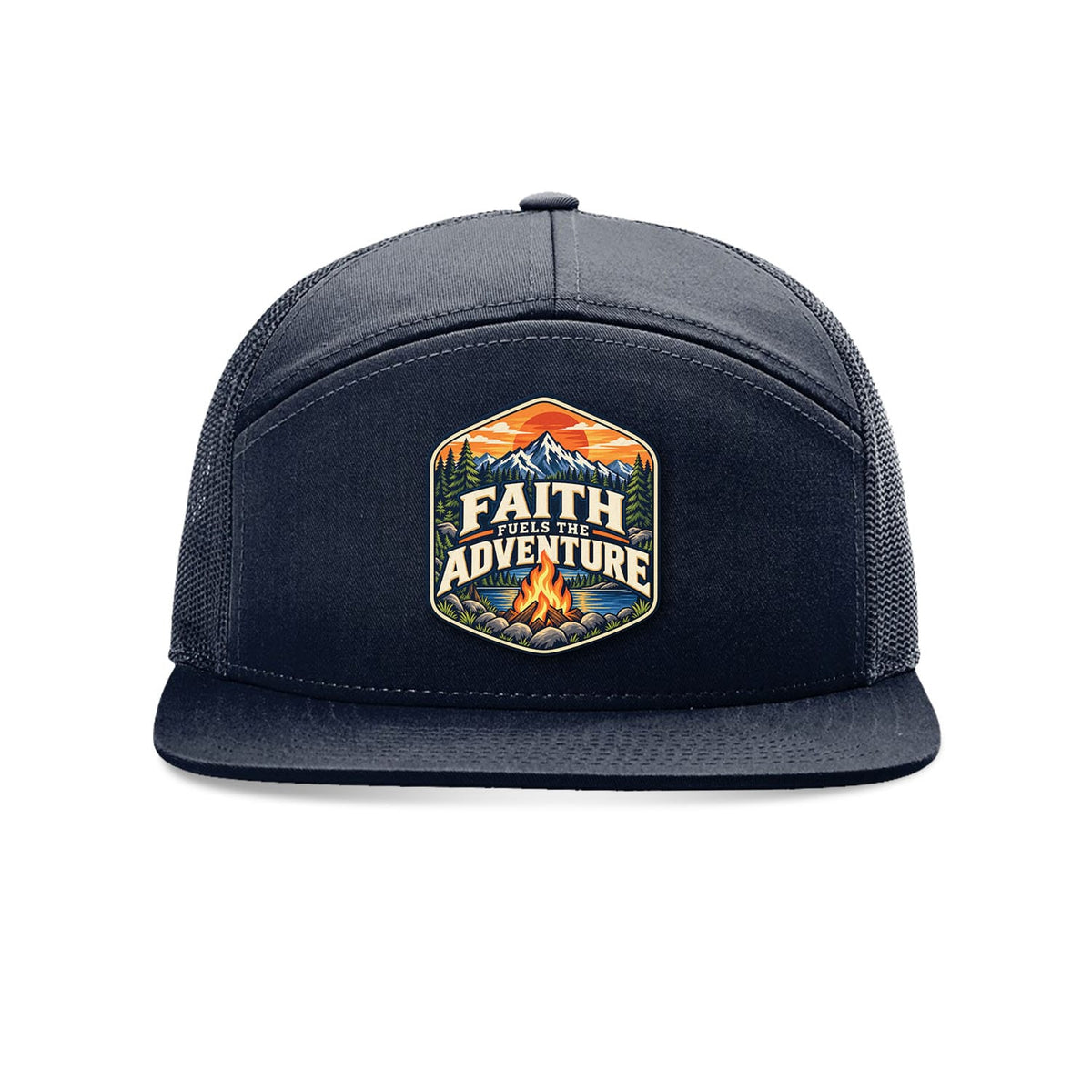 Our True God Hat Navy Faith Fuels the Adventure Trucker Hat