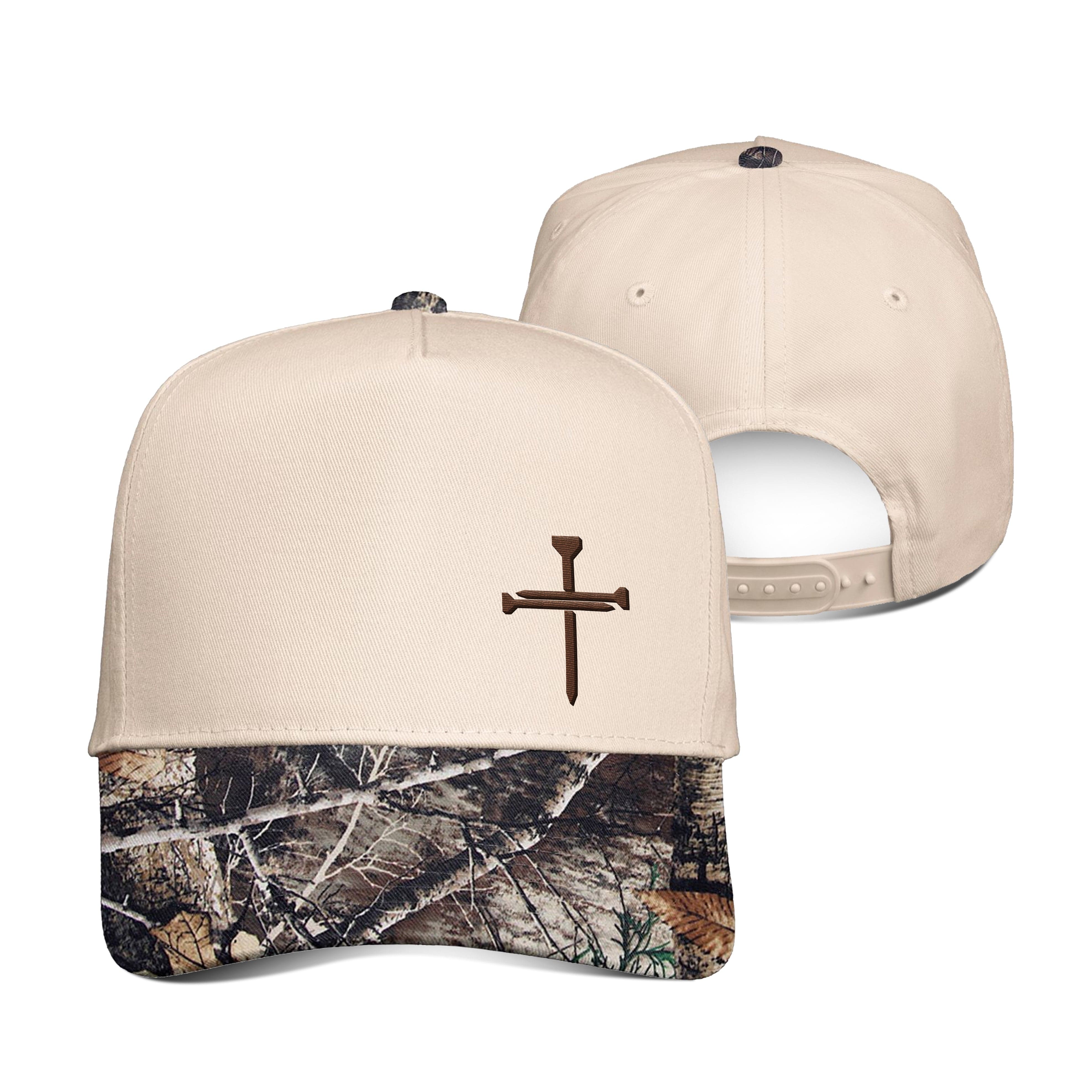 Our True God Hat One Size Nail Cross Lower Left Camo Brim Hats