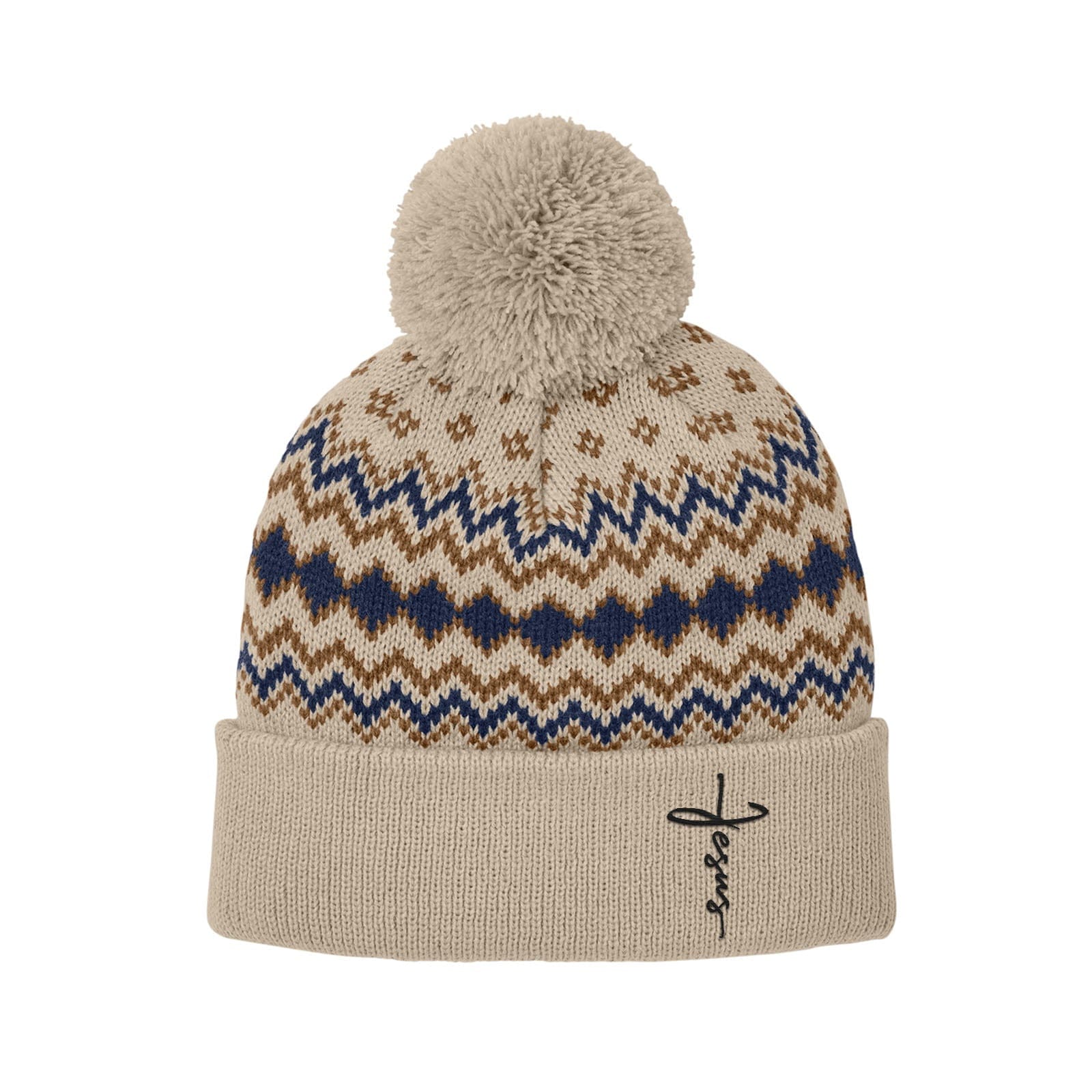 Our True God Hat Printed Pom Beanies / Sahara and True Navy and Duck Brown / One Size Jesus Cross Lower Left Knit Pom Beanies