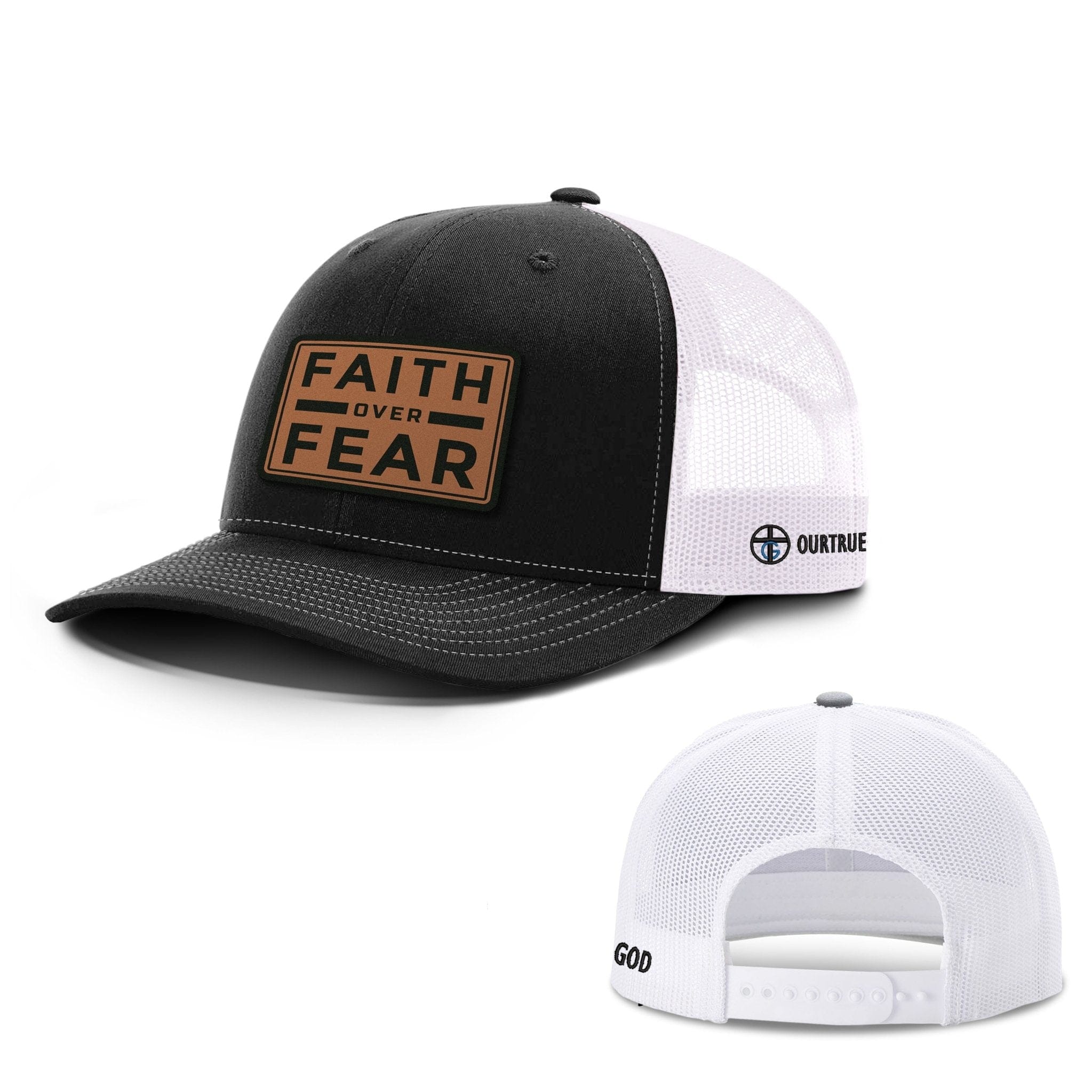 Our True God Hat Snapback / Black and White / One Size Faith Over Fear Leather Patch Richardson Hats