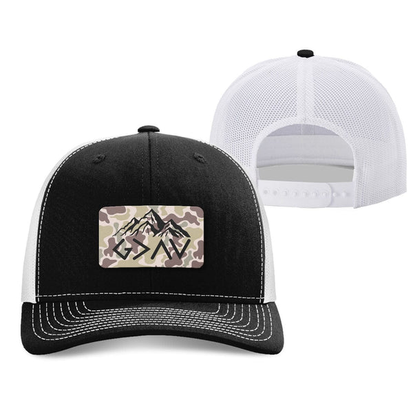 God Is Greater Than The Highs And Lows Mountain Duck Camo Patch Hat, Snapback in Black and White