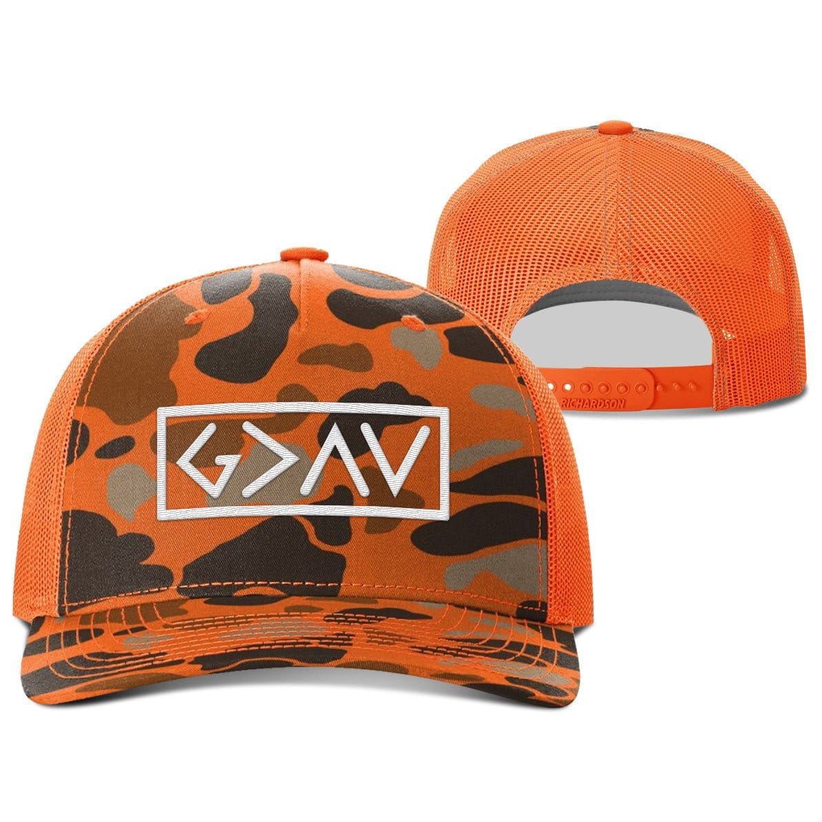 Our True God Hat Snapback / Blaze Duck Camo and Blaze / One Size God is Greater Than the Highs and Lows Hunting Hats