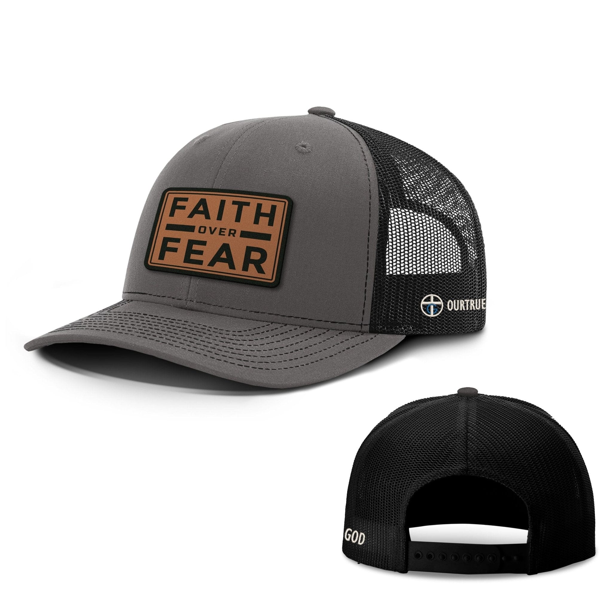 Our True God Hat Snapback / Charcoal and Black / One Size Faith Over Fear Leather Patch Richardson Hats