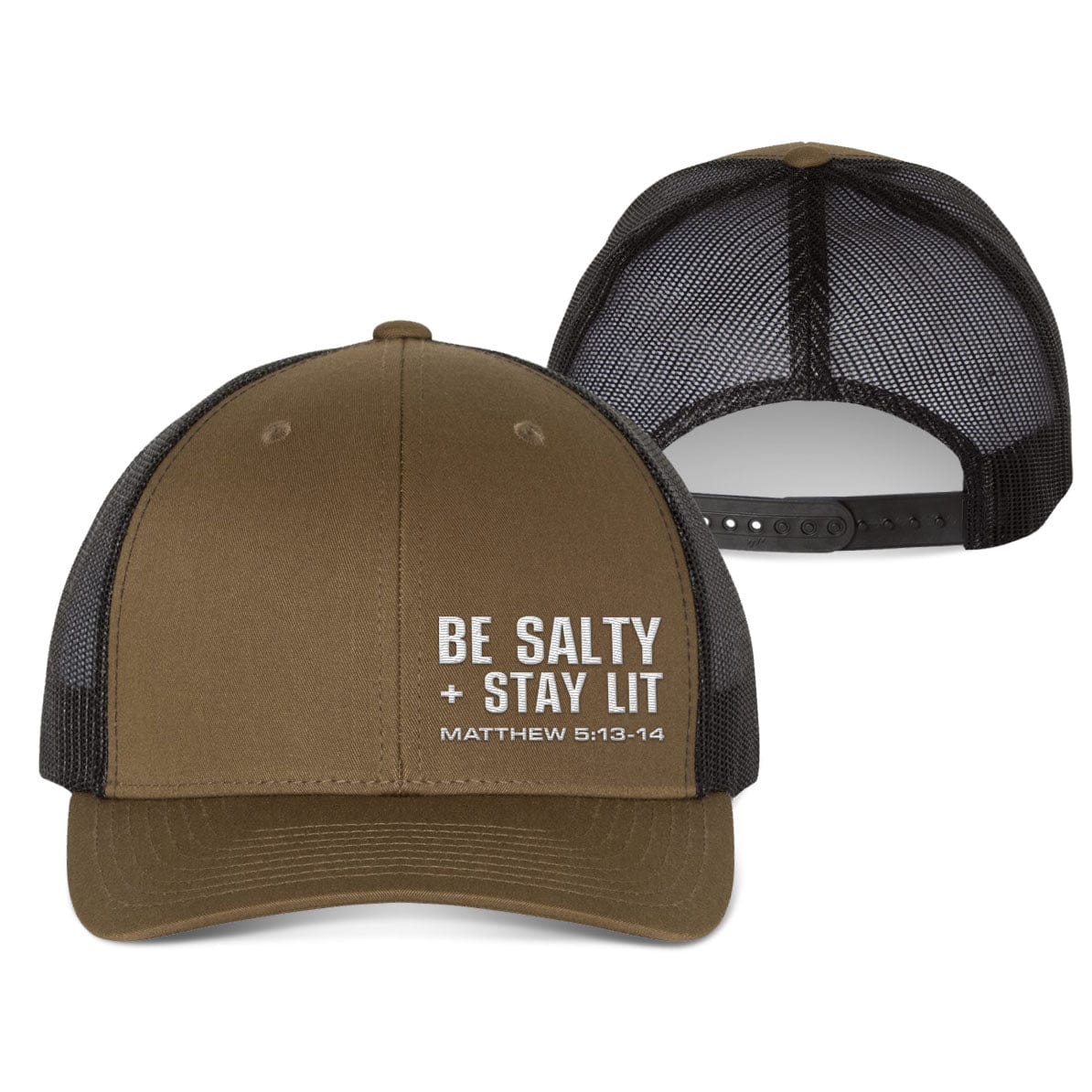 Our True God Hat Snapback / Coyote Brown and Black / One Size Be Salty + Stay Lit Lower Left Fall Collection Hats