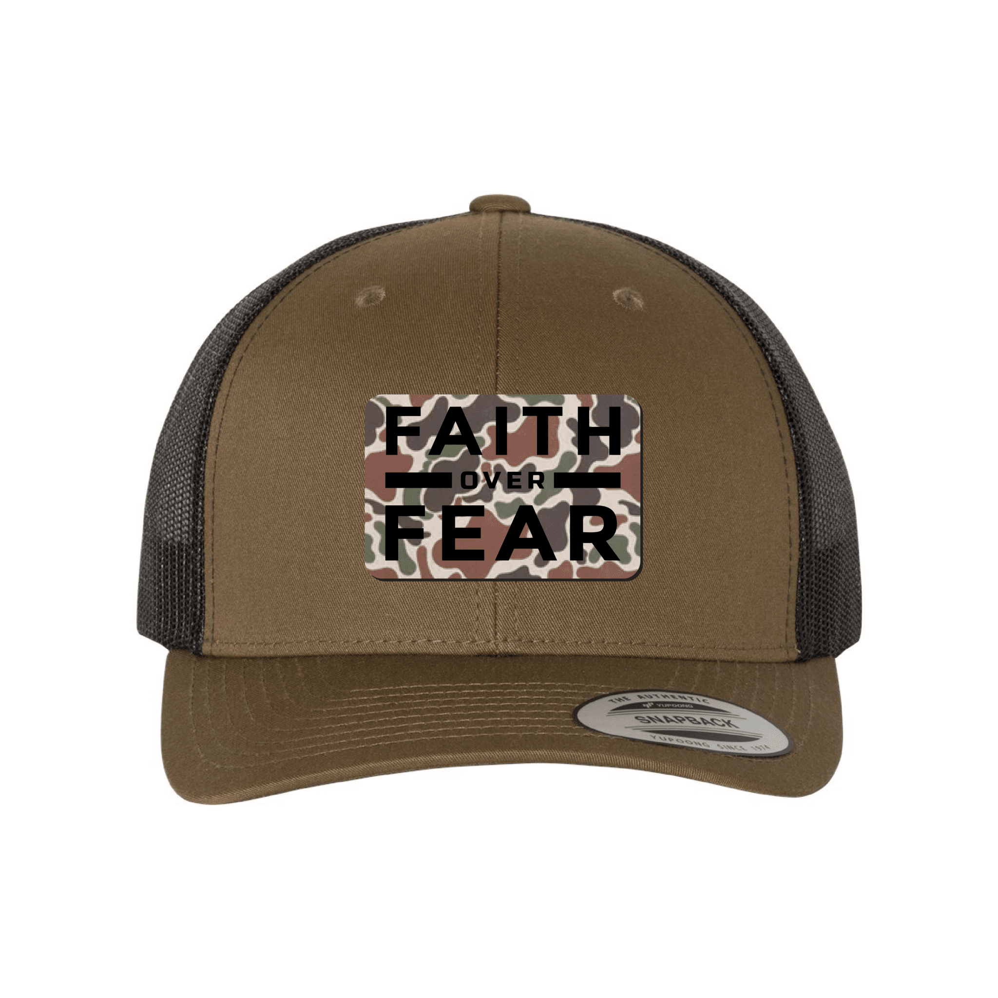 Our True God Hat Snapback / Coyote Brown and Black / One Size Faith Over Fear Fowl Play Camo Patch Fall Collection Hats