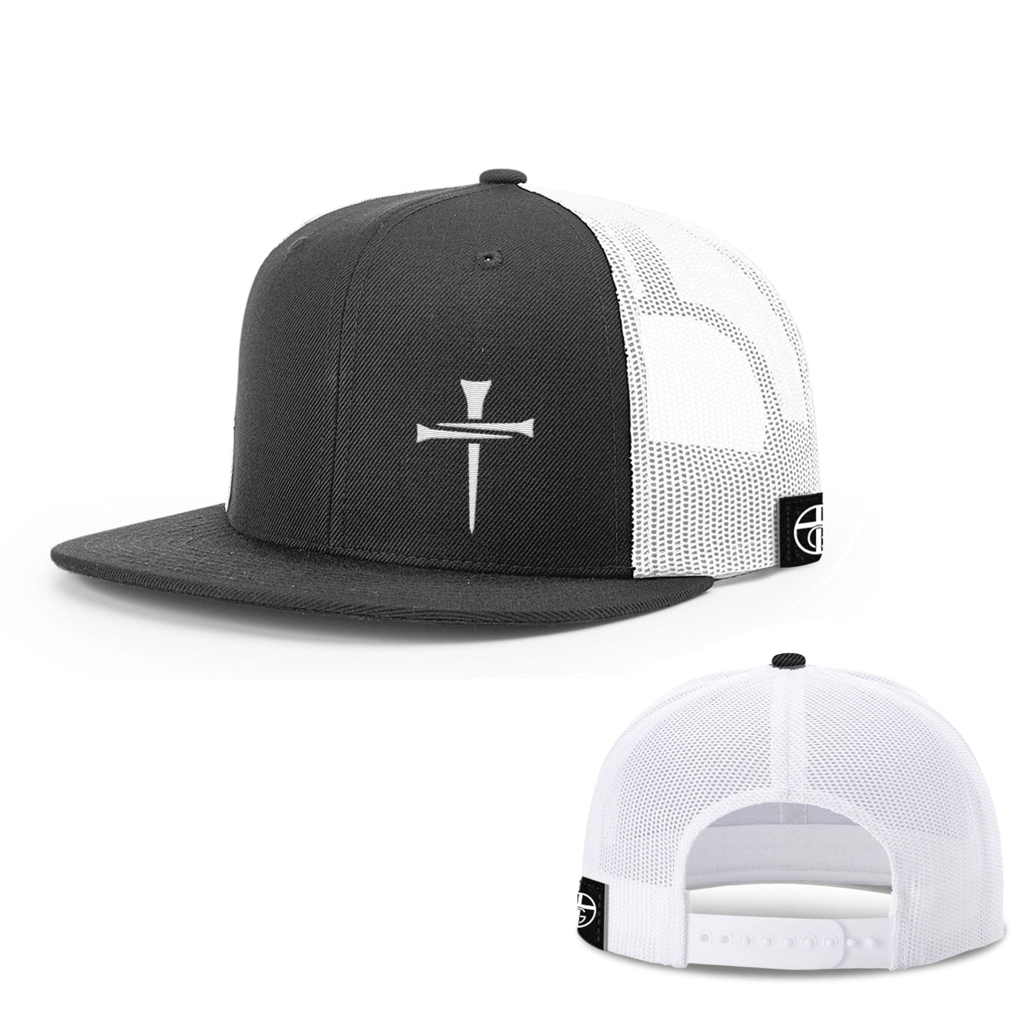 Our True God Hat Snapback Flatbill / Black and White / One Size 3 Tee Cross Lower Left Hats