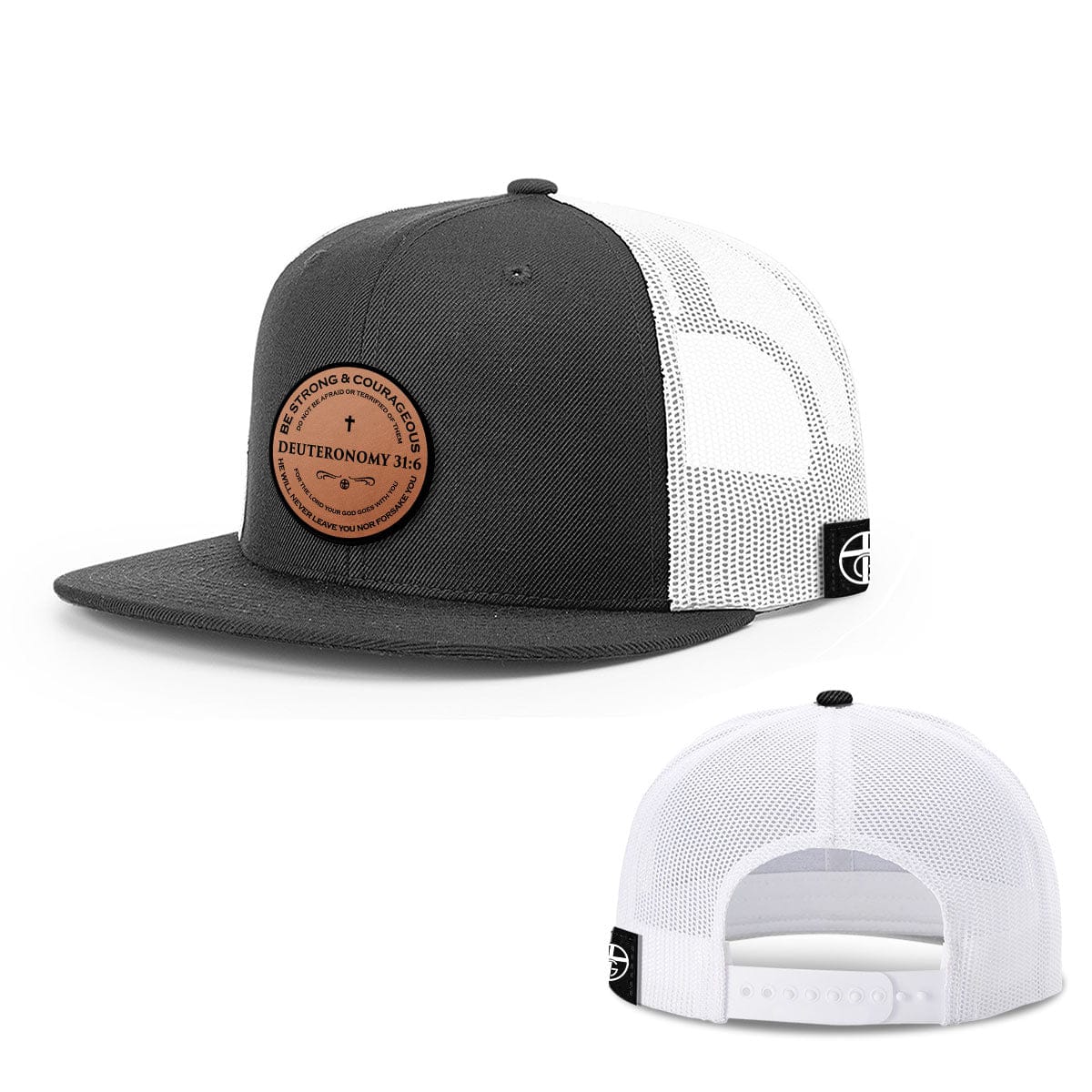 Our True God Hat Snapback Flatbill / Black and White / One Size Deuteronomy 31:6 Circle Leather Patch Hats