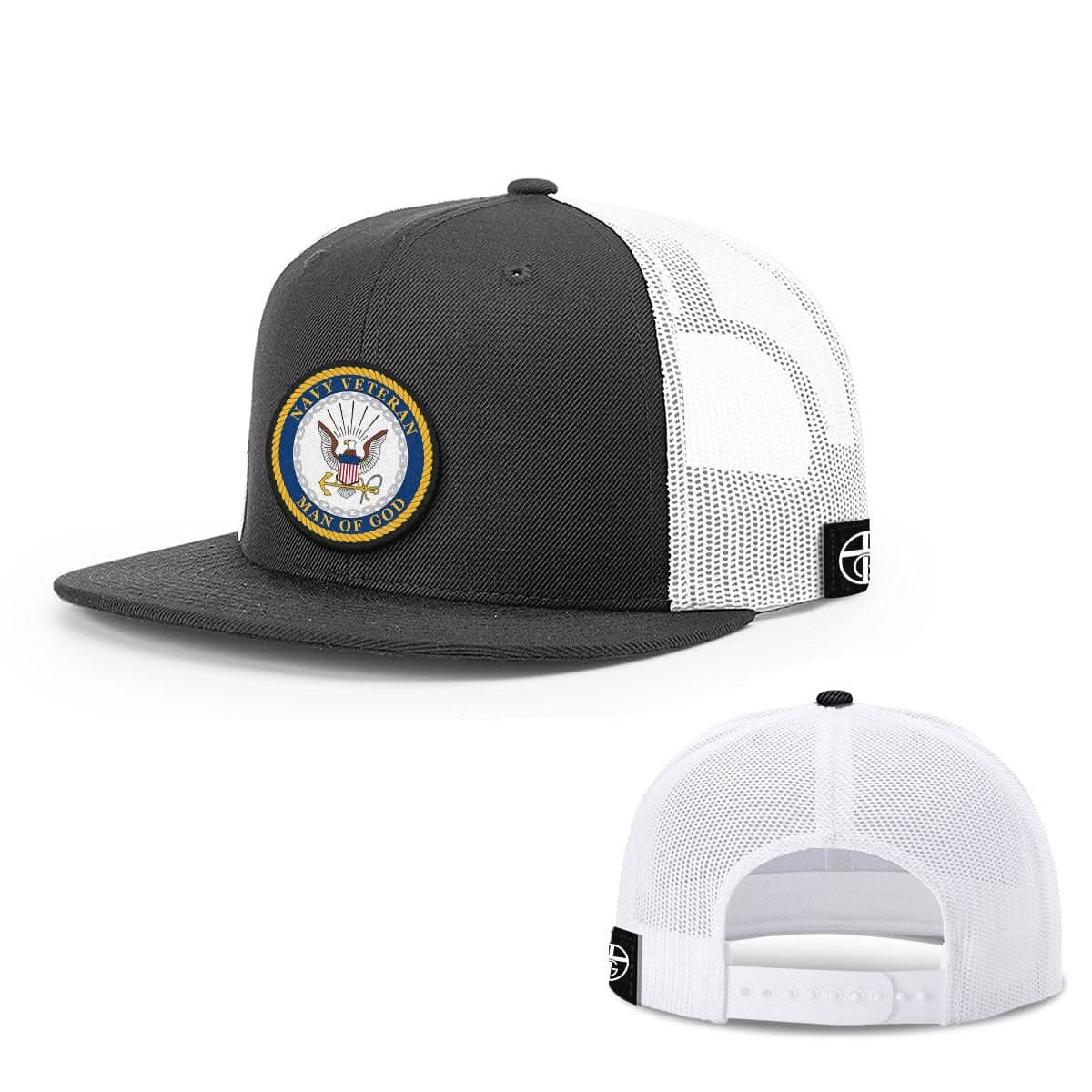 Our True God Hat Snapback Flatbill / Black and White / One Size Navy Veteran -Man Of God Patch Hats