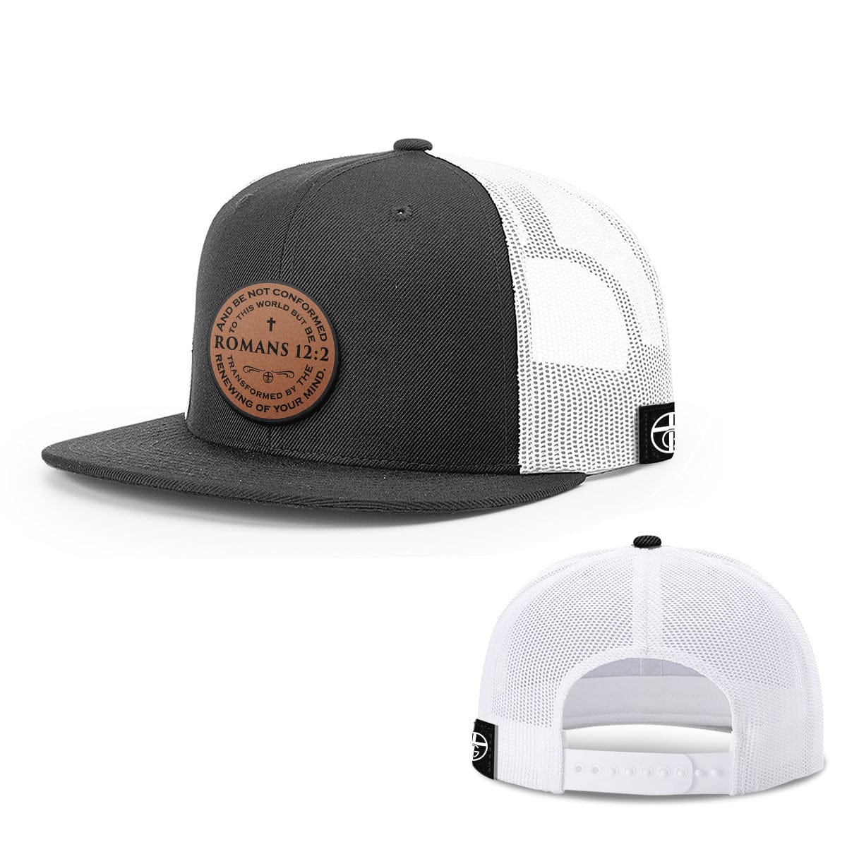 Our True God Hat Snapback Flatbill / Black and White / One Size Romans 12:2 Circle Leather Patch Hats