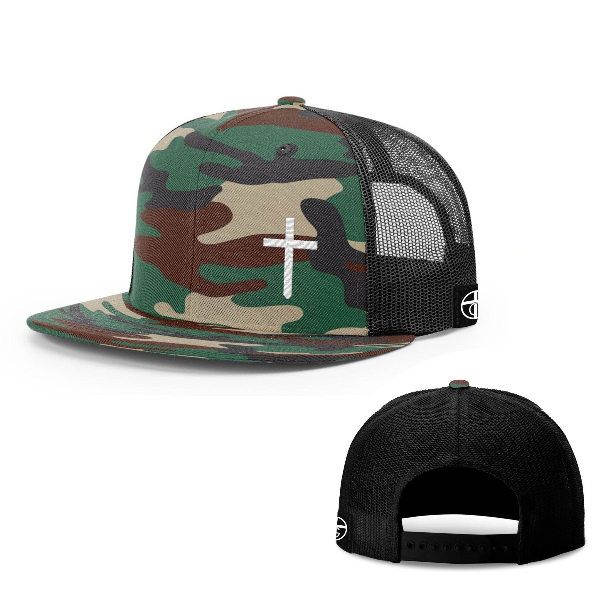 Our True God Hat Snapback Flatbill / Green Camo and Black / One Size Cross Lower-Left Embroidered Hat - Snapback, Flatbill, Flexfit