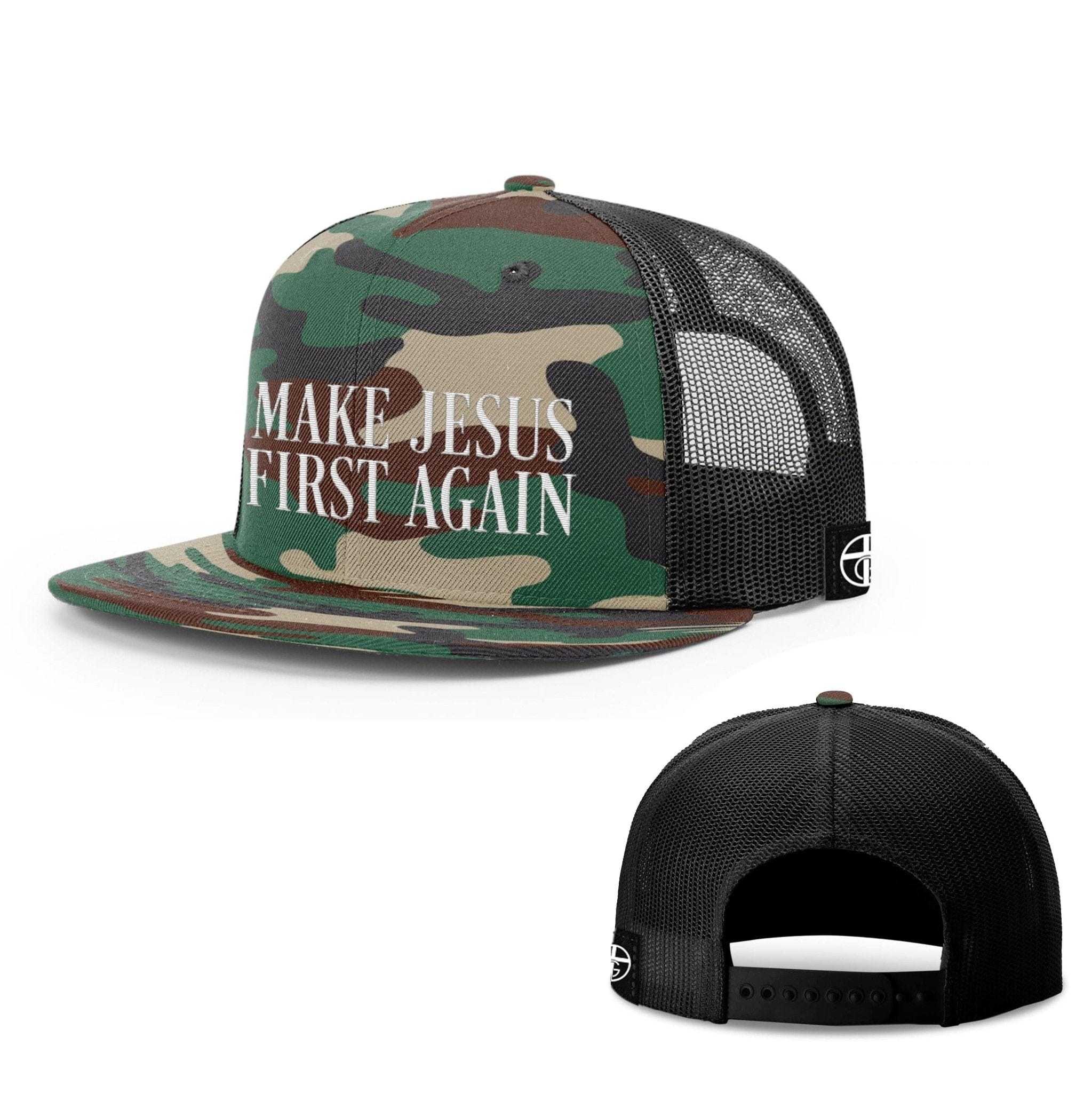 Our True God Hat Snapback Flatbill / Green Camo and Black / One Size Make Jesus First Again Hats