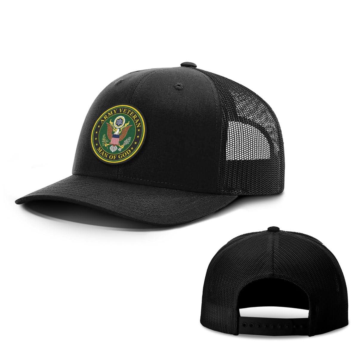 Our True God Hat Snapback / Full Black / One Size Army Veteran -Man Of God Patch Hats