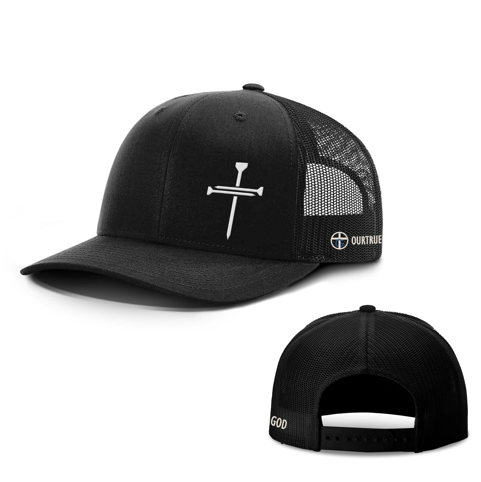 Our True God Hat Snapback / Full Black / One Size Nail Cross Lower Left Richardson Hats