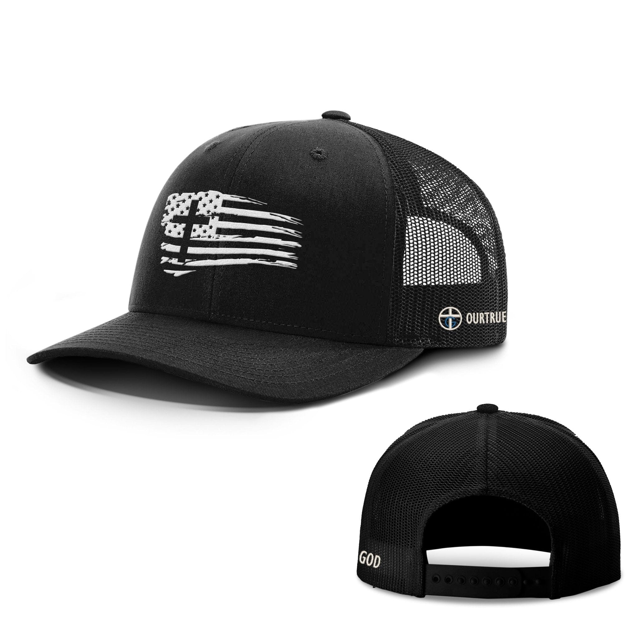 Our True God Hat Snapback / Full Black / One Size Tattered Flag Cross Richardson Hats