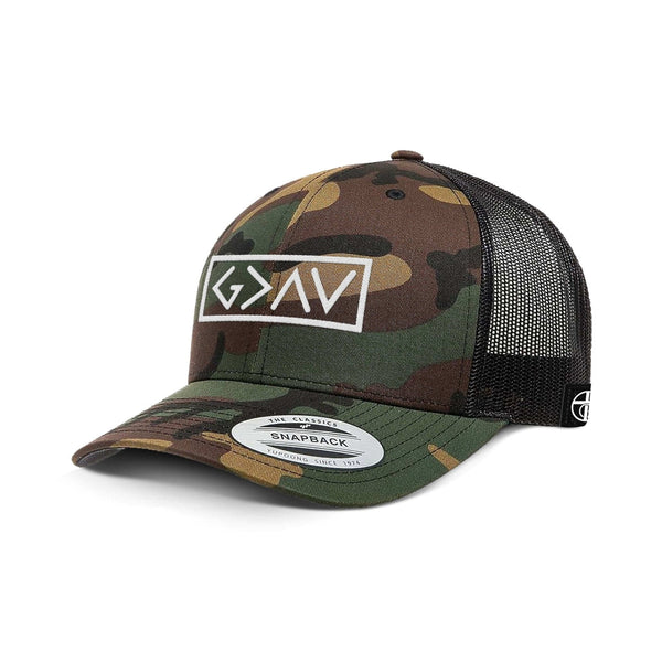 God is Greater Than the Highs and Lows Camo Hat, Snapback in Green Camo & Black
