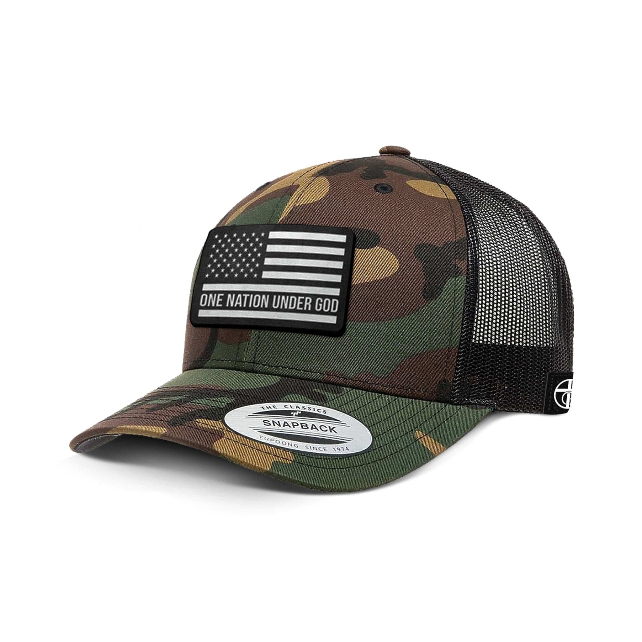 Our True God Hat Snapback / Green Camo & Black / One Size One Nation Under God Flag DBD Edition Patch Camo Hats