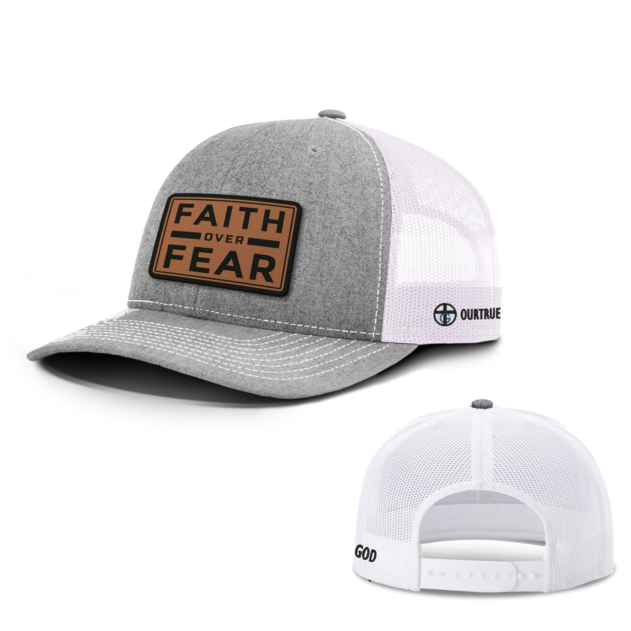 Our True God Hat Snapback / Heather and White / One Size Faith Over Fear Leather Patch Richardson Hats